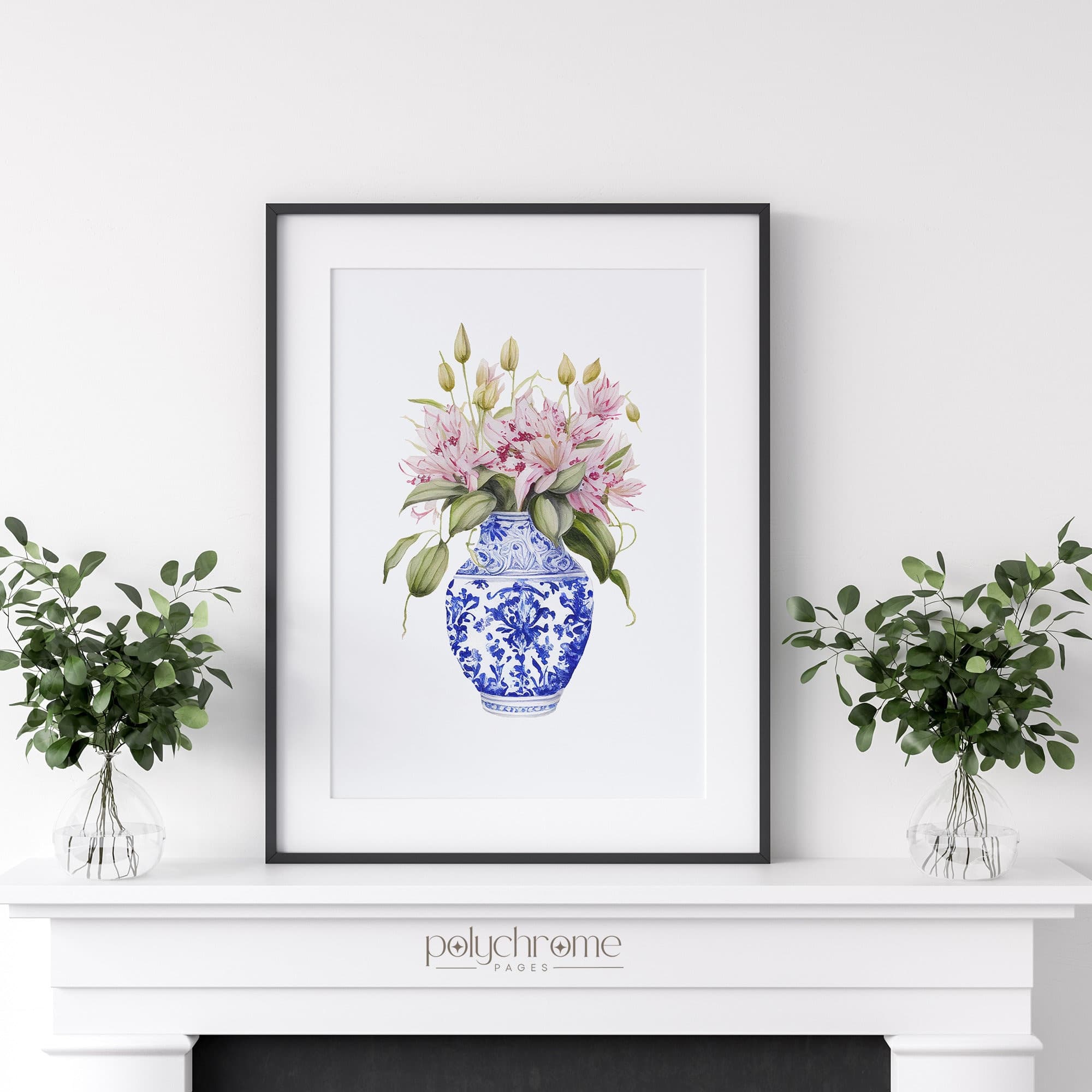 Lilies in Chinoiserie, Cottagecore Grandmillennial Hamptons Style Pink Flower Bouquet in Blue and White China | Paper prints 5x7 - 24x36 in - image 3