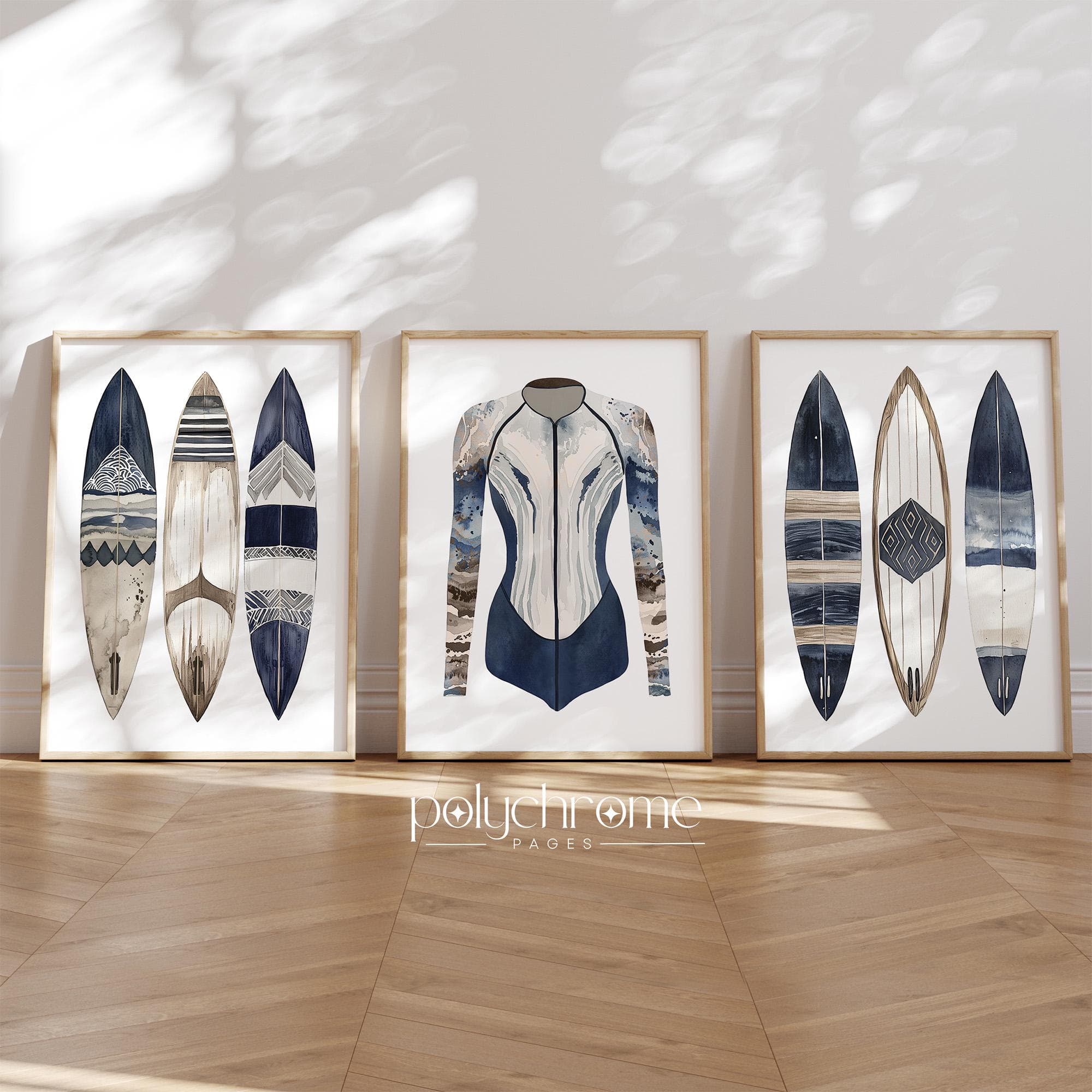 Sup Surfboards and Wetsuit Watercolor Prints, Navy Blue and Brown Coastal, Lake House, Beach House Decor | Paper prints 5x7 - 24x36 in