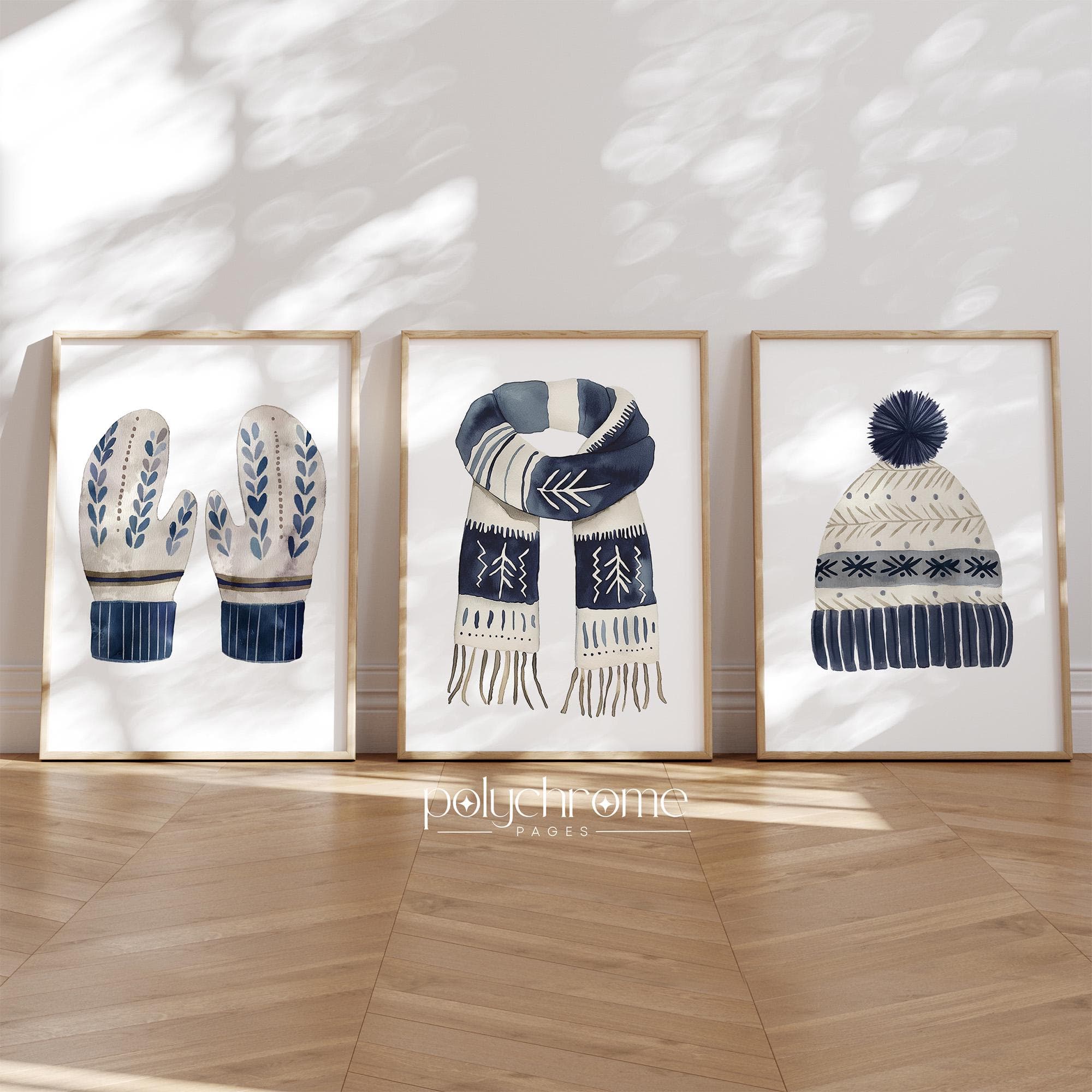 Winter Accessories Wool Scarf, Knitted Mittens, Bobble Hat Entryway Decoration, Rustic Christmas Holiday Decor | Paper Prints 5x7 - 24x36 in