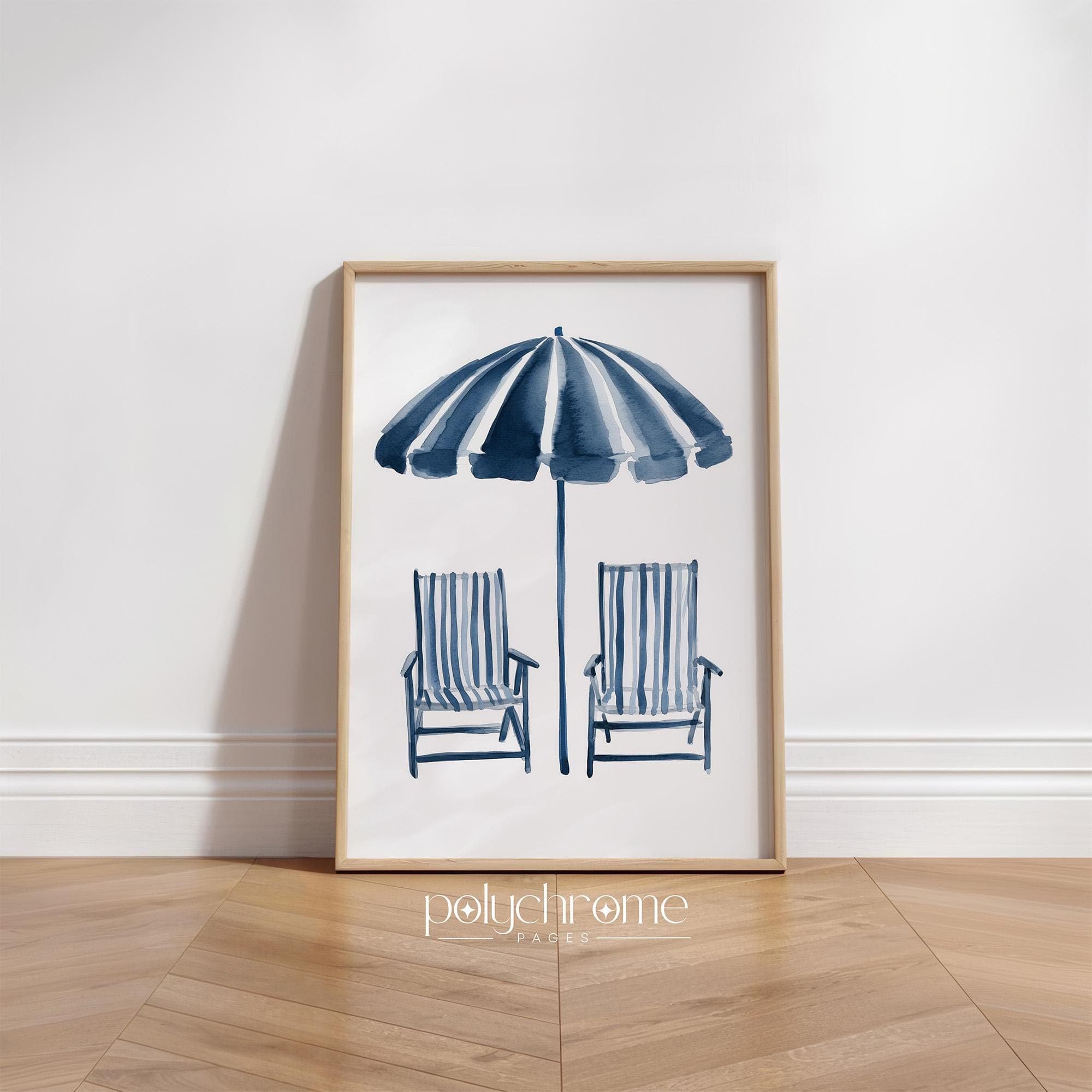 Striped Beach Umbrella and Deckchairs in Navy Blue, Vacation Style Bedroom Decor, Coastal Summer Dorm Room Art | Prints 5x7 - 24x36 in
