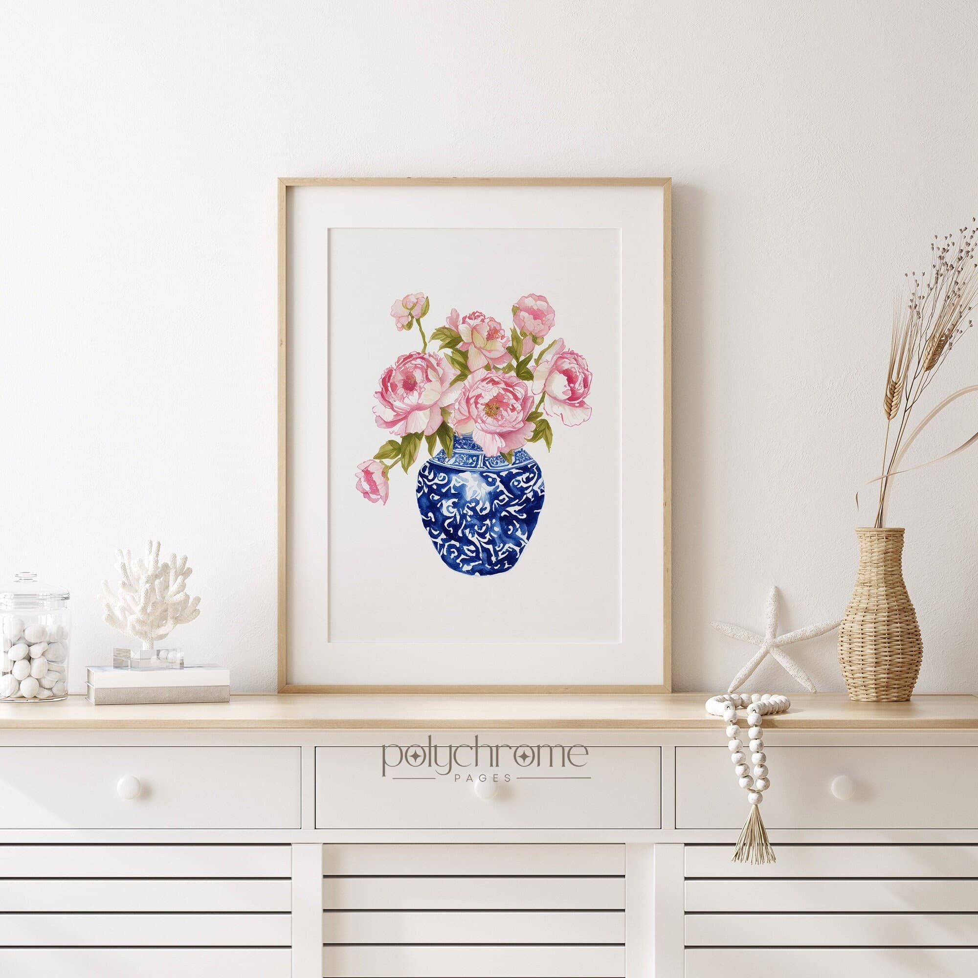 Flowers in chinoiserie watercolor wall art, peonies in blue and white chinoiserie art print, chinoiserie peony fine art print