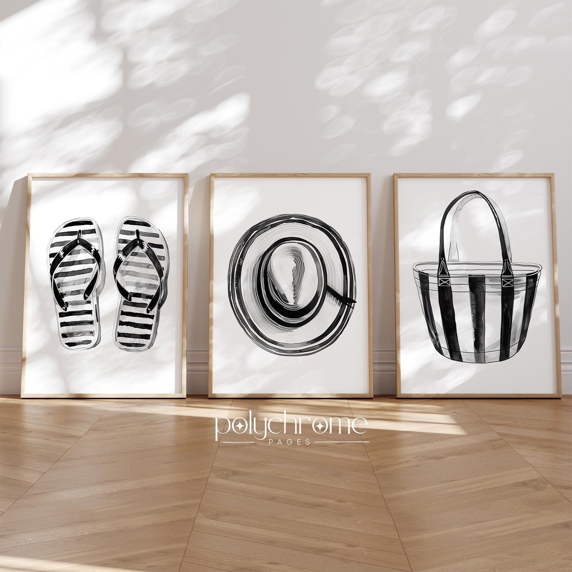 Black and White Striped Summer Accessories: Flip Flops, Hat, and Beach Bag - Coastal Beachy Decor Watercolor | Paper Prints 5x7 - 24x36 in