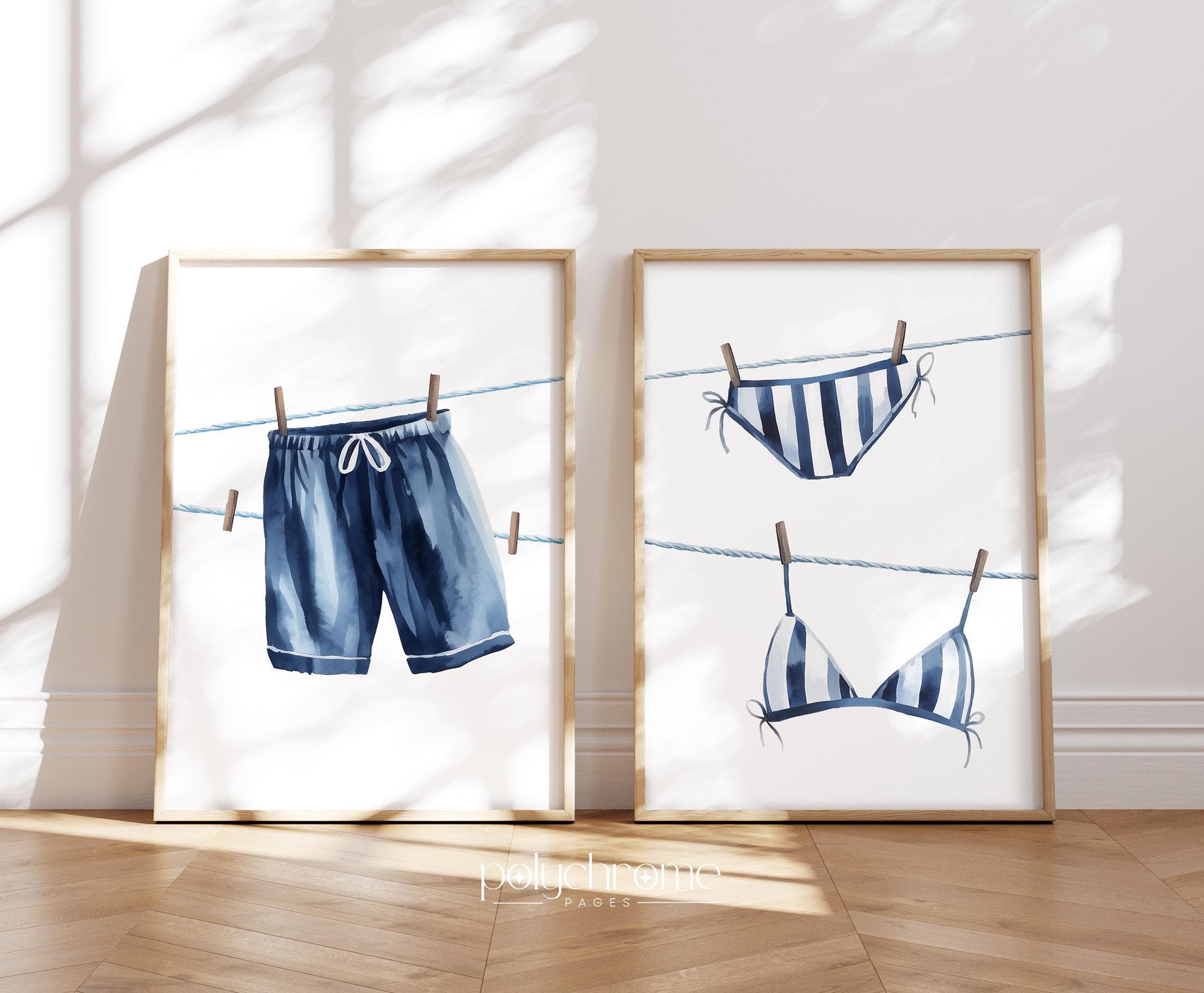 Hanging Bikini & Swimming Trunks in Navy Blue, Swimsuits on Clothesline Laundry Room Decor, Lake House Pool Bathroom | Prints 5x7 - 24x36 in - image 5