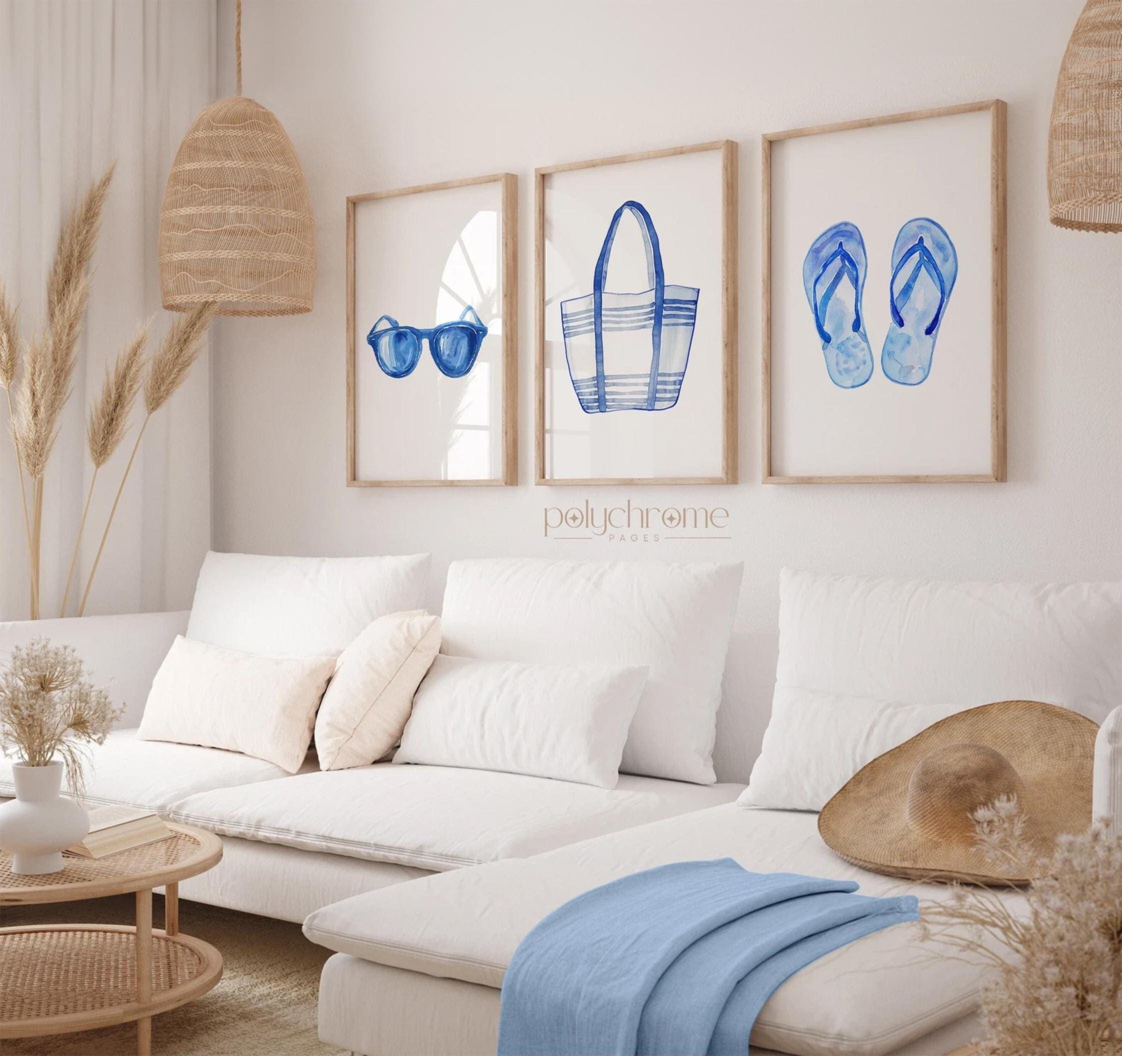 Summer Accessories: Sunglasses, Beach Bag, Flip Flops in Sky Blue, Coastal Beachy Decor Watercolor Art | Paper Print Sizes 5x7 - 24x36 in
