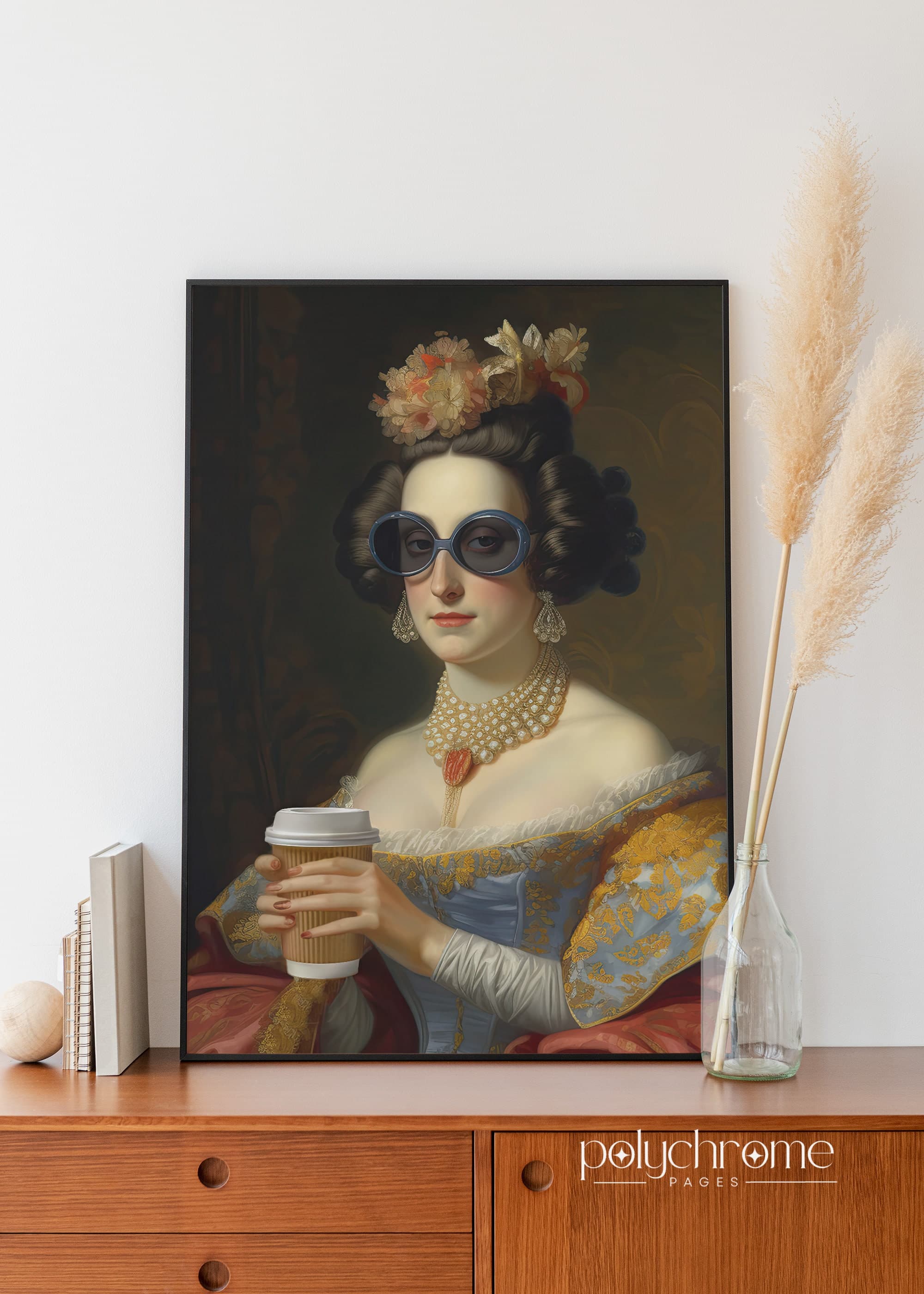 Rococo art work of Lady with Coffee cup - baroque art painting altered art print, eclectic kitchen poster | Printable, sizes 8x10 - 24x36in