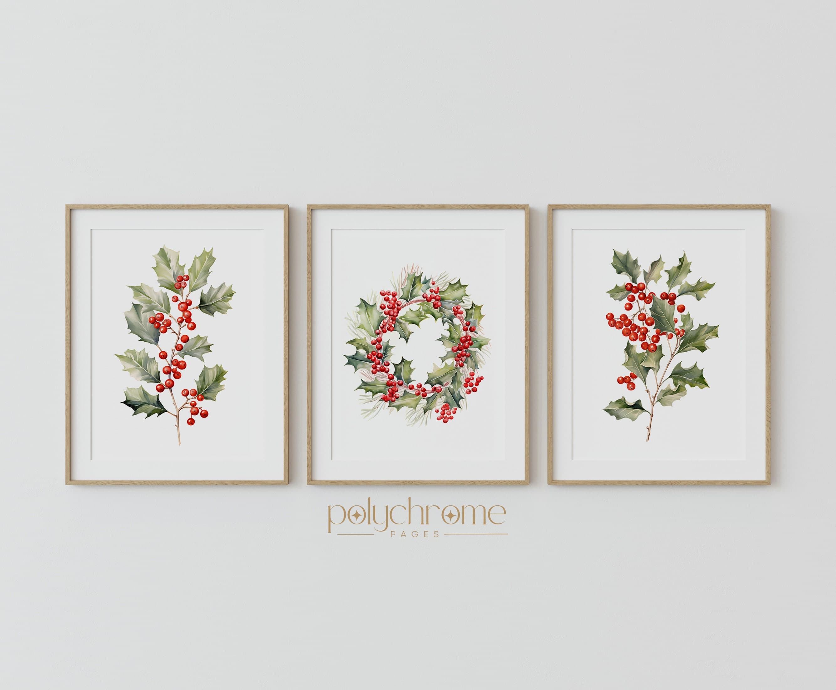 Holly and Berries Branches, Christmas Decorative Cottagecore Style Rustic Vintage Winter Holiday Decor | Paper prints 5x7 - 24x36 in
