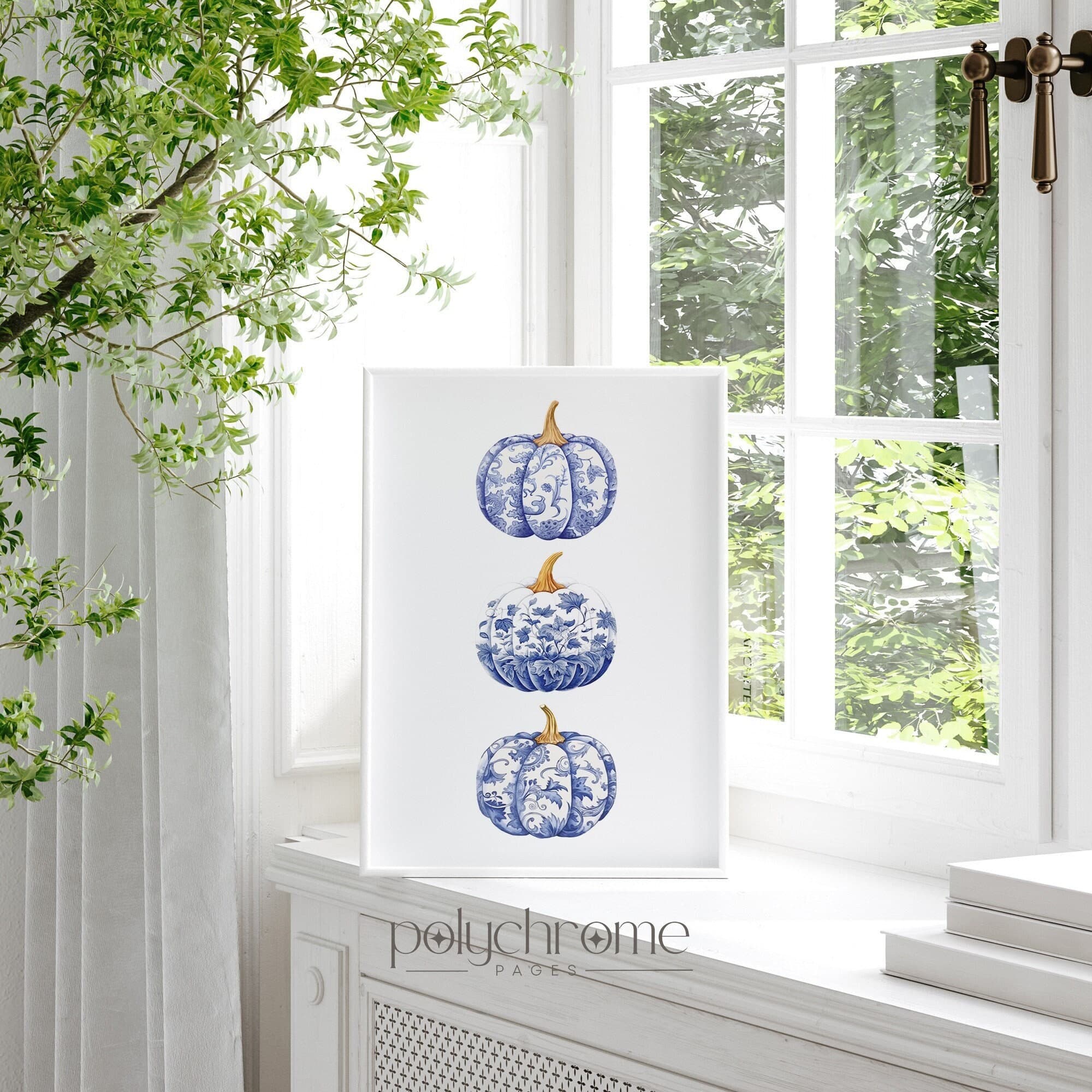 Chinoiserie Pumpkin Art, Hamptons Style Autumn Aestetic Fall Paintings, Blue and White China Wall Art | Paper Print Sizes 5x7 - 24x36 in
