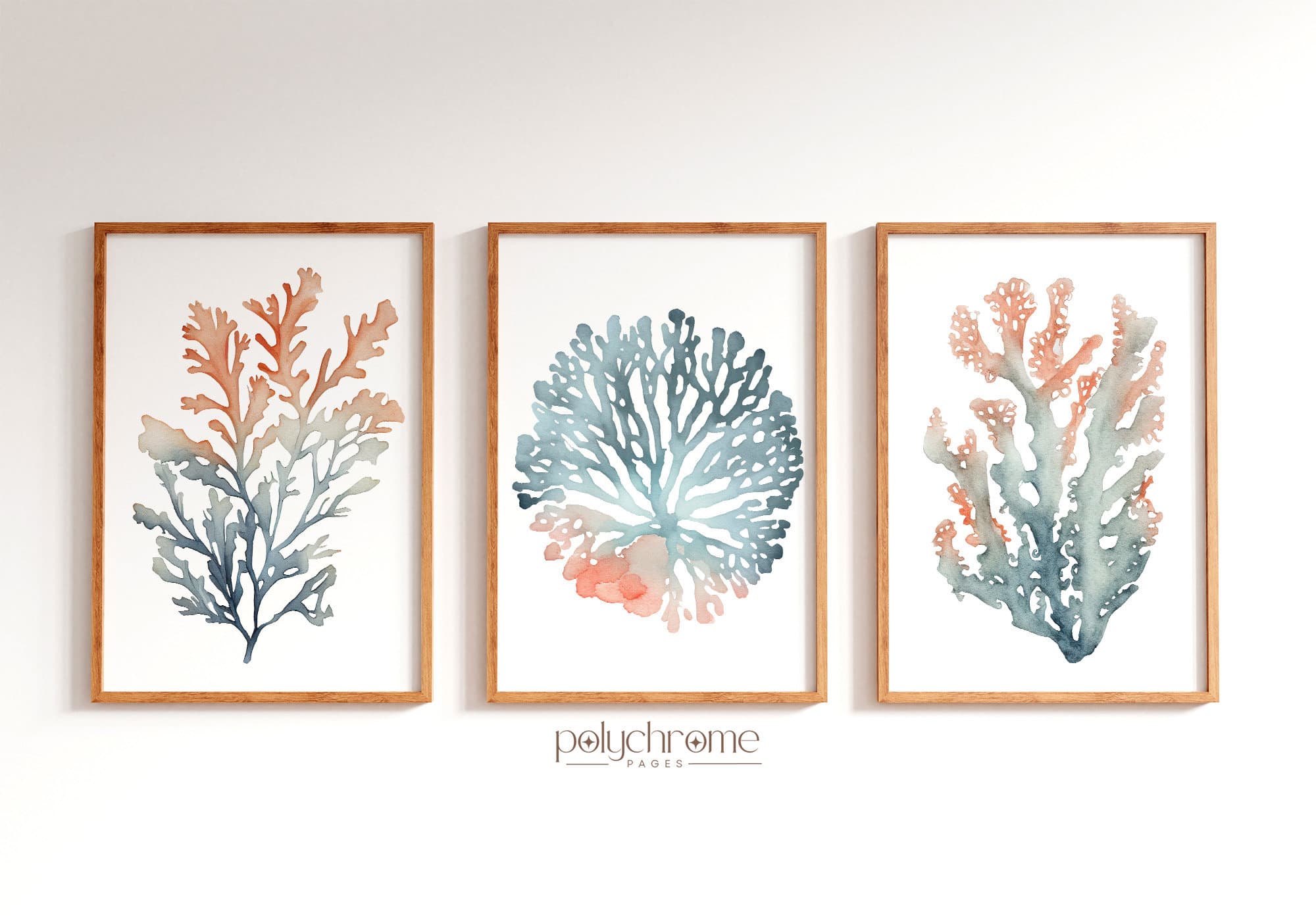 Corals and Seaweeds Beachy Decor, Tranquil Blue & Peach Hamptons Inspired Marine Flora Wall Art | Paper print sizes 5x7 - 24x36 in - image 3