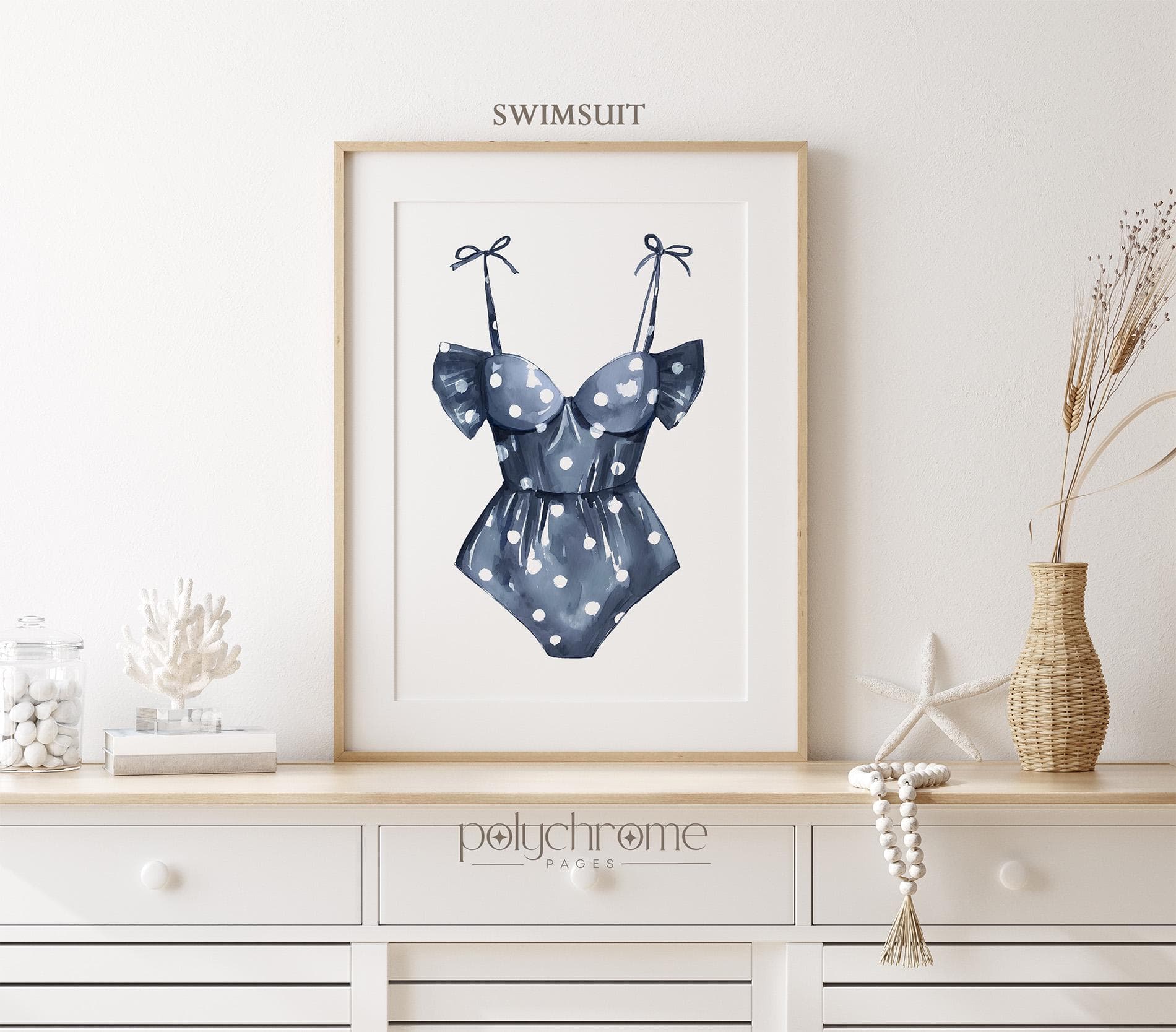 Navy Blue Polka Beachwear, Dotted Swimsuit and Trunks for Coastal Laundry Room, Lake House Pool Bathroom Art | Paper Print - image 4