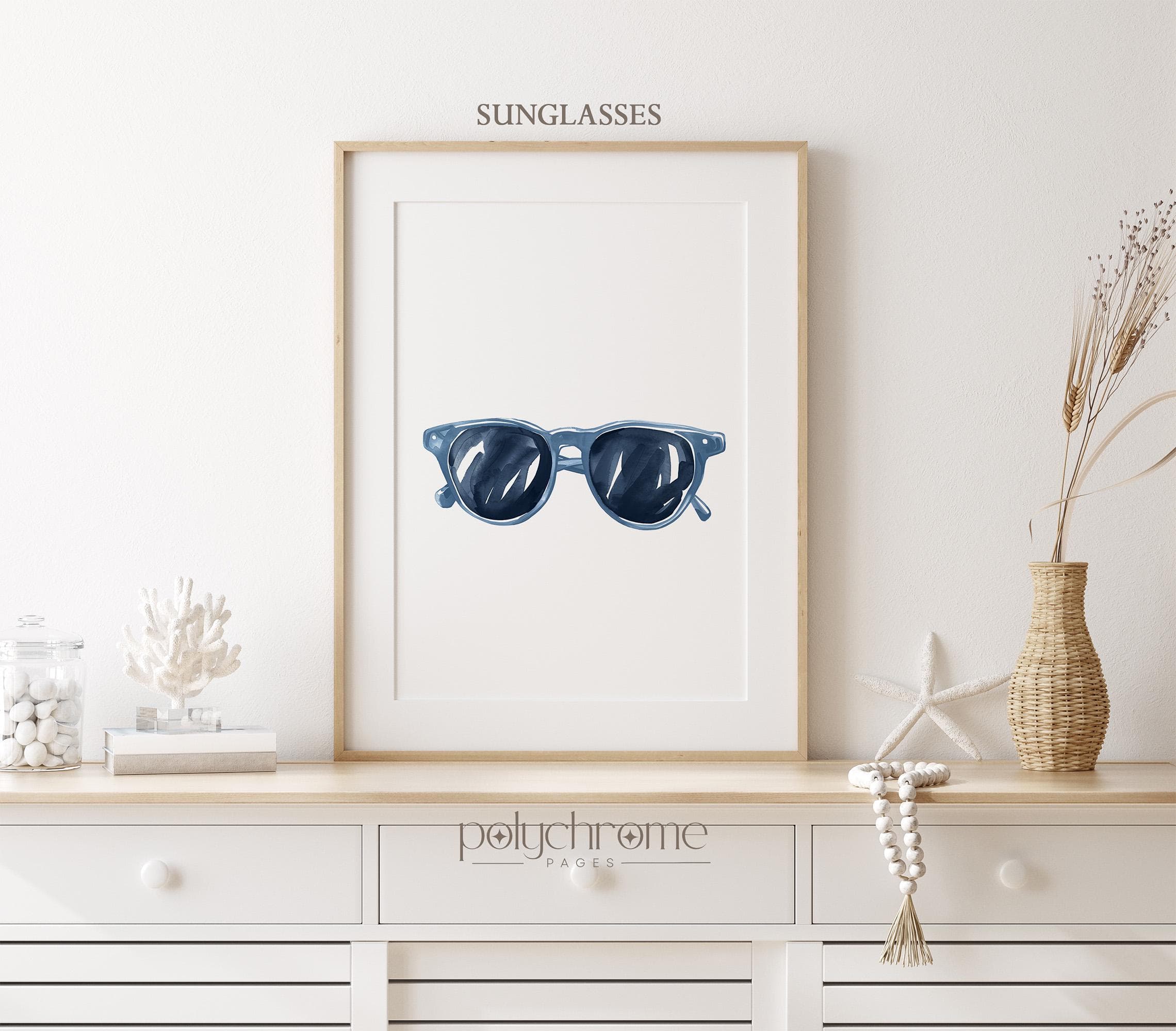 Flip flops, sunglasses, tote beach bag and sun hat, beach vacation home art. Navy blue pool bathroom decor idea | Paper prints 5x7 - 24x36in - image 4