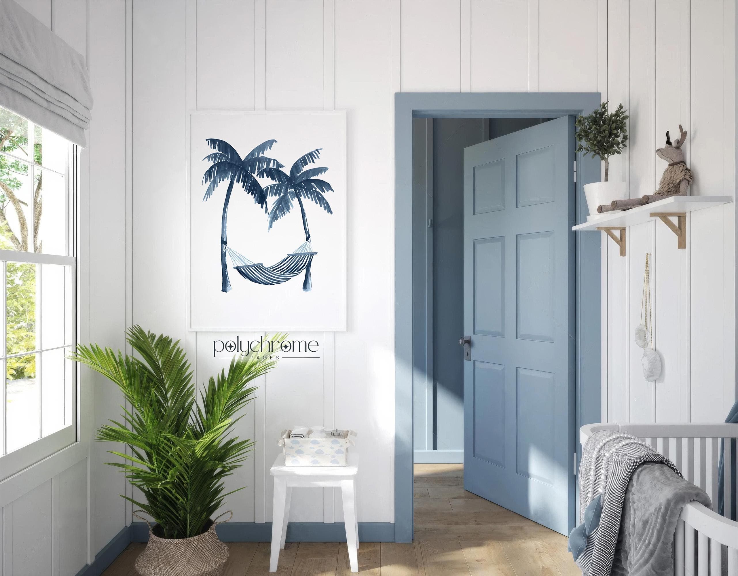 Striped Hammock and Palm Trees in Navy Blue, Vacation Style Bedroom Decor, Coastal Summer Dorm Room Art | Prints 5x7 - 24x36 in - image 5