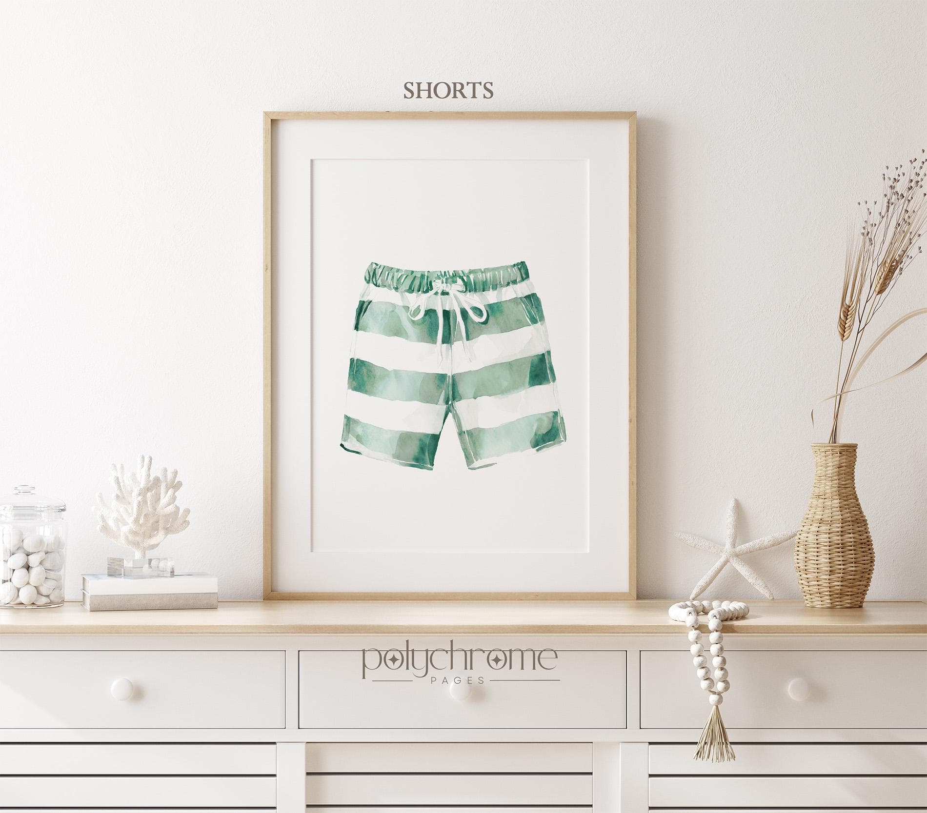 Green Striped Bathing Suits, Vintage Sage Bikini and Shorts for Laundry Room, Swim Art for Lake House | Paper Prints - image 4