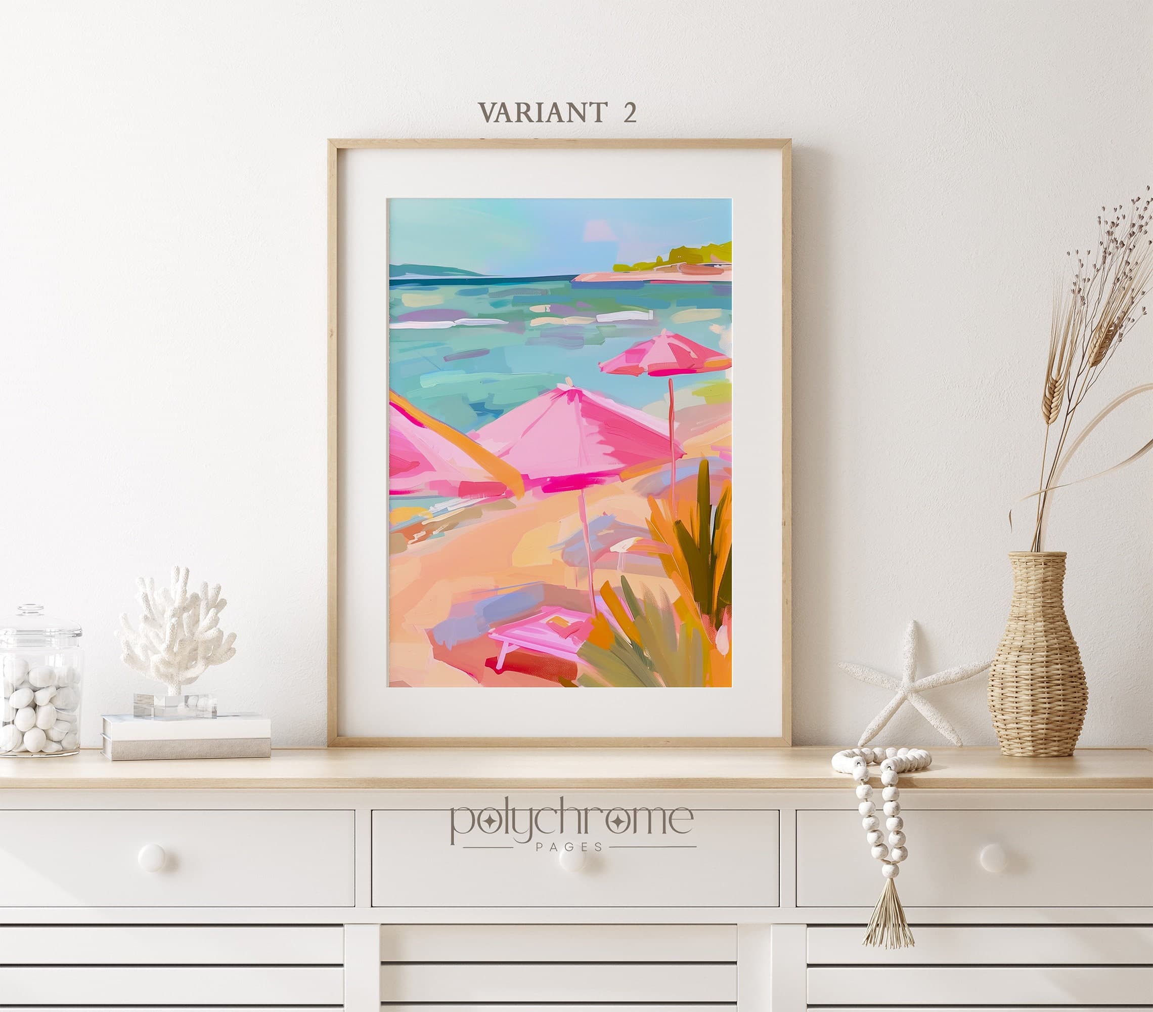 Pink Umbrellas on the Beach, Coastal Pastel Pink and Blue Art, Pool Decor | Paper prints 5x7 - 24x36 in - image 5