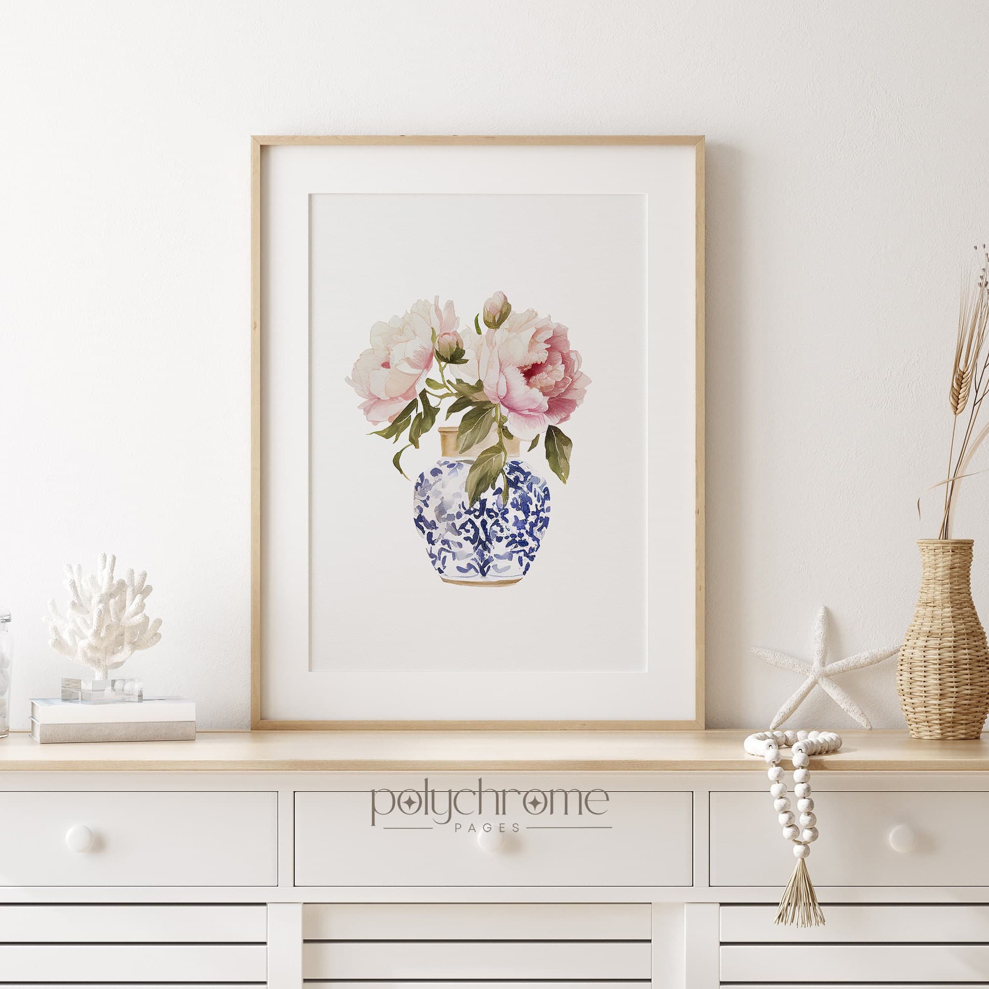 Flowers in chinoiserie watercolor wall art, peonies in blue and white coastal Hamptons art print | Paper print sizes 5x7 - 24x36 in - image 3