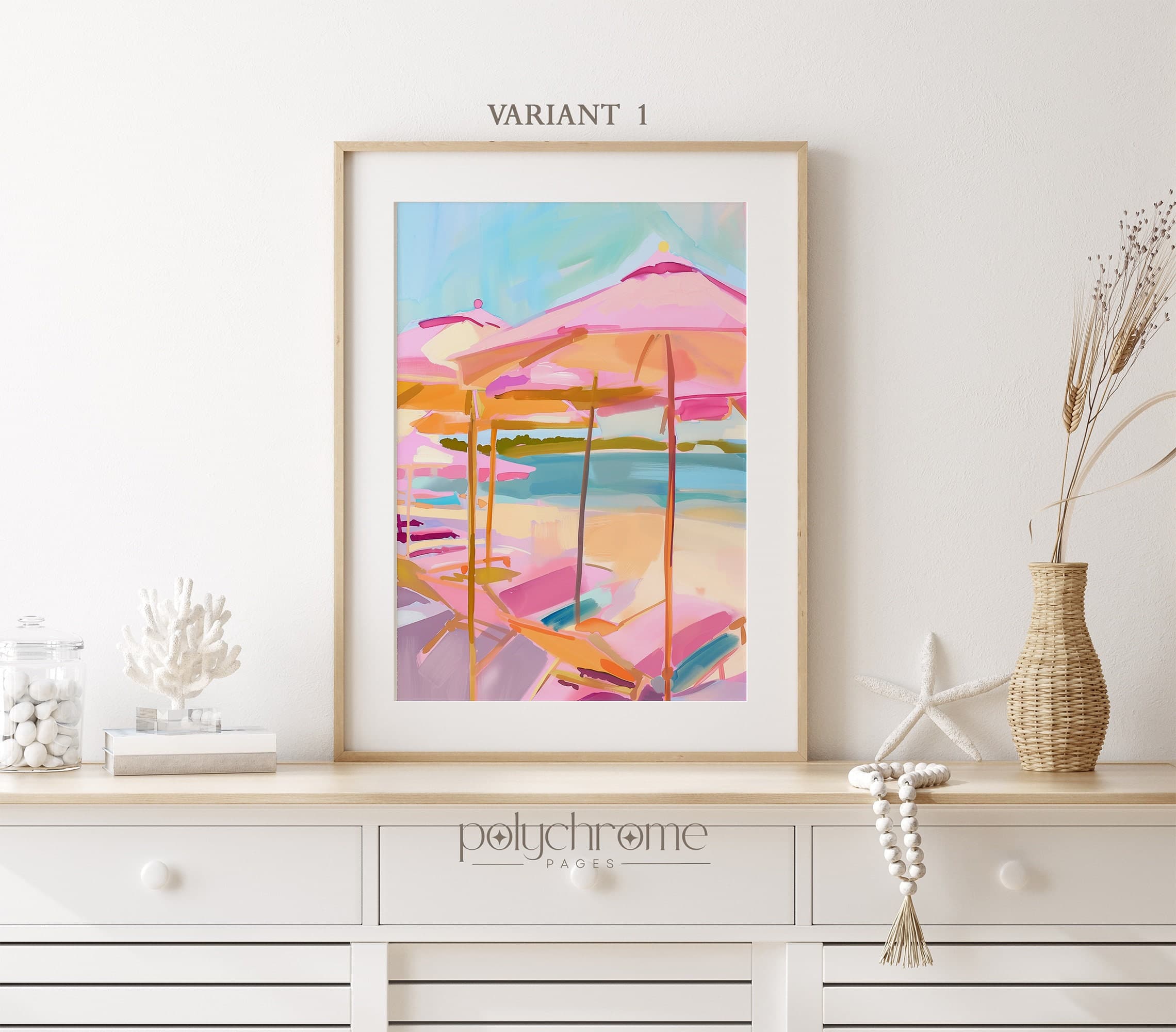 Pink Umbrellas on the Beach, Coastal Pastel Pink and Blue Art, Pool Decor | Paper prints 5x7 - 24x36 in - image 4