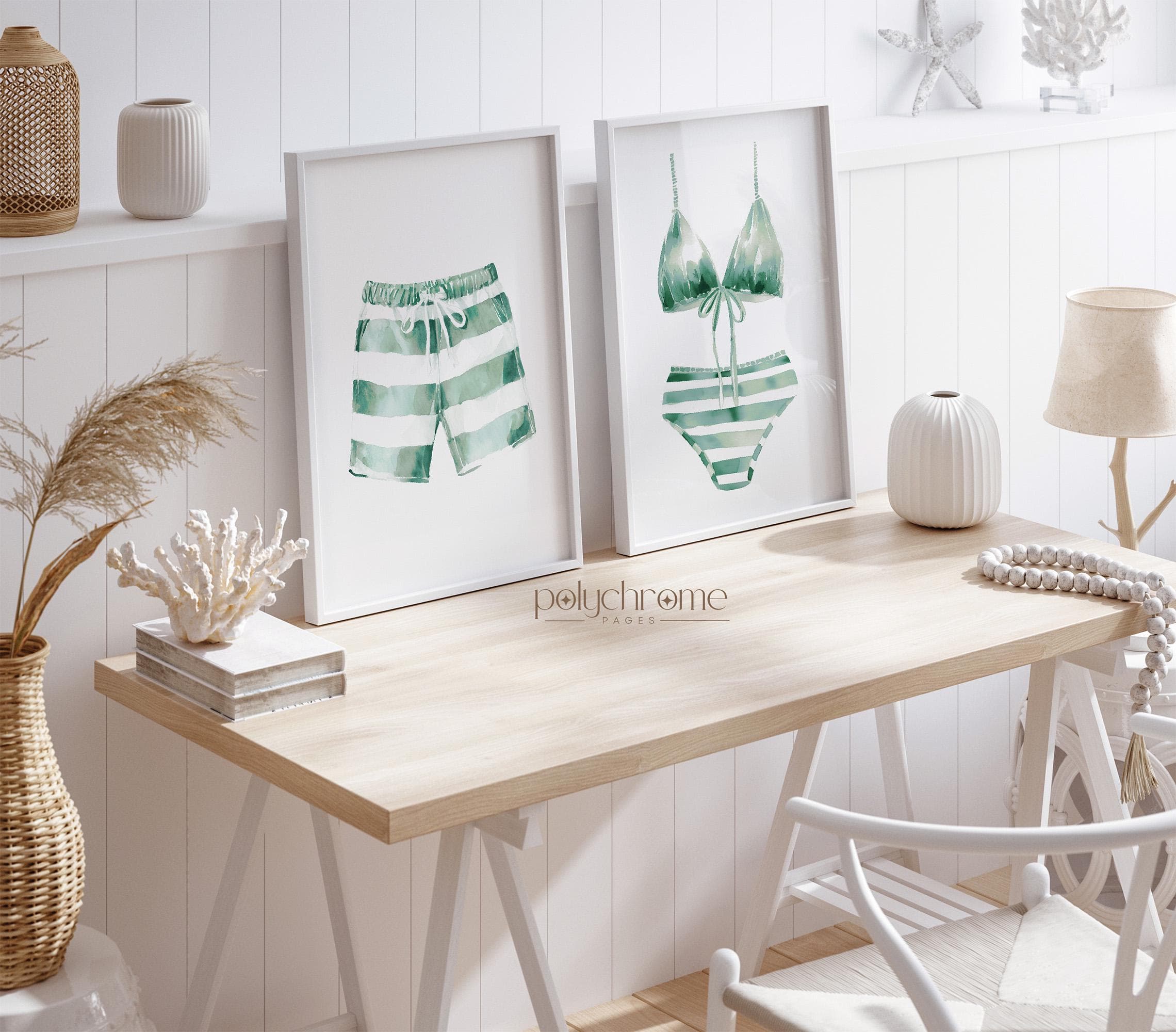 Green Striped Bathing Suits, Vintage Sage Bikini and Shorts for Laundry Room, Swim Art for Lake House | Paper Prints - image 3