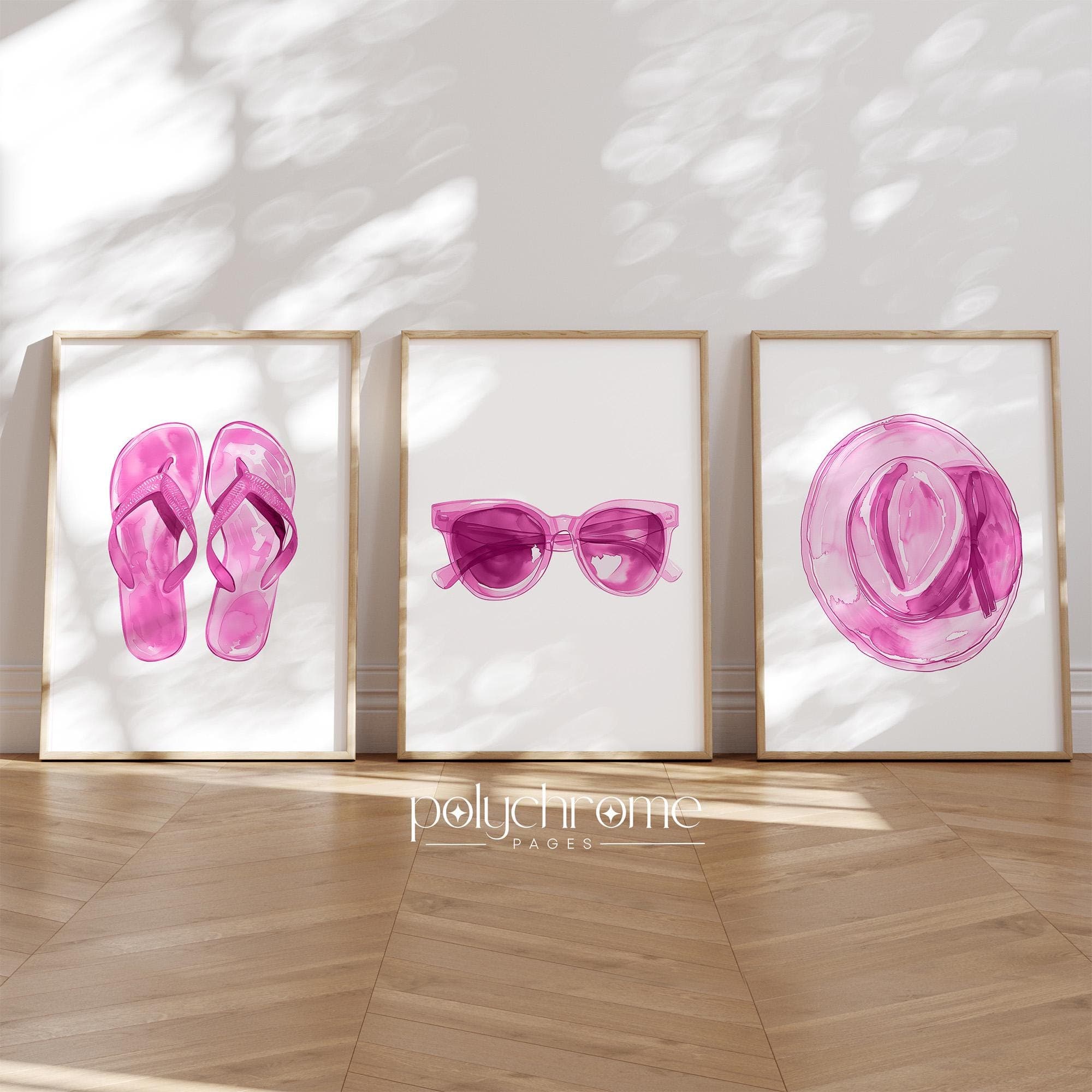 Summer Accessories: Flip Flops, Sunglasses and Hat in Pink, Coastal Beachy Decor Watercolor Art | Paper Print Sizes 5x7 - 24x36 in