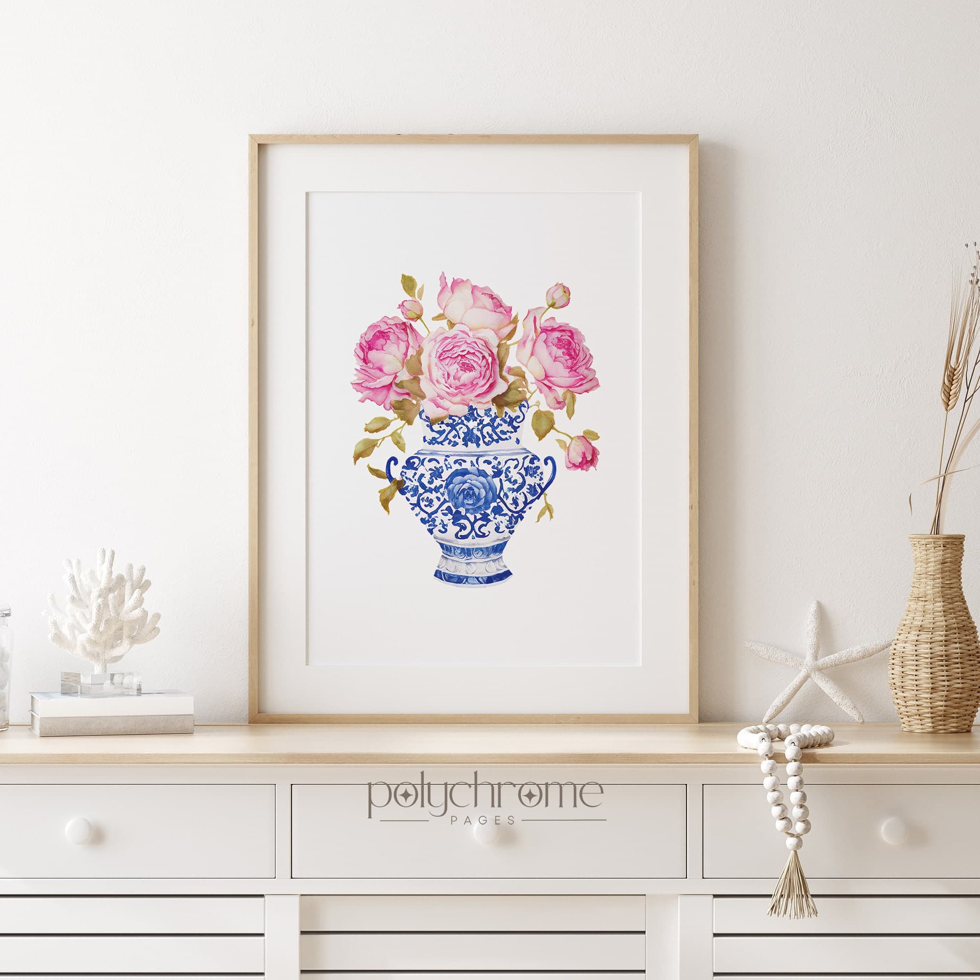 Roses in Chinoiserie, Cottagecore Grandmillennial Hamptons Style Pink Flower Bouquet in Blue and White China | Paper prints 5x7 - 24x36 in - image 5