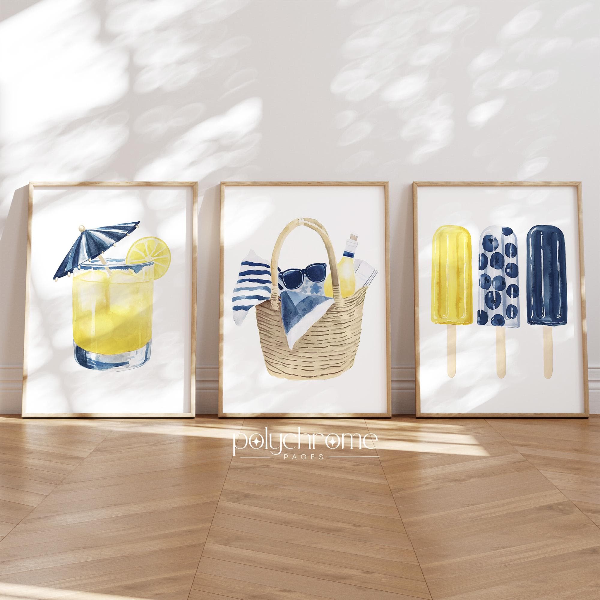 Lemonade, Beach Bag, Ice Pops Summer Accessories in Blue and Yellow, Vacation Beach Picnic, Coastal Pool Bathroom Art, Prints 5x7 - 24x36 in