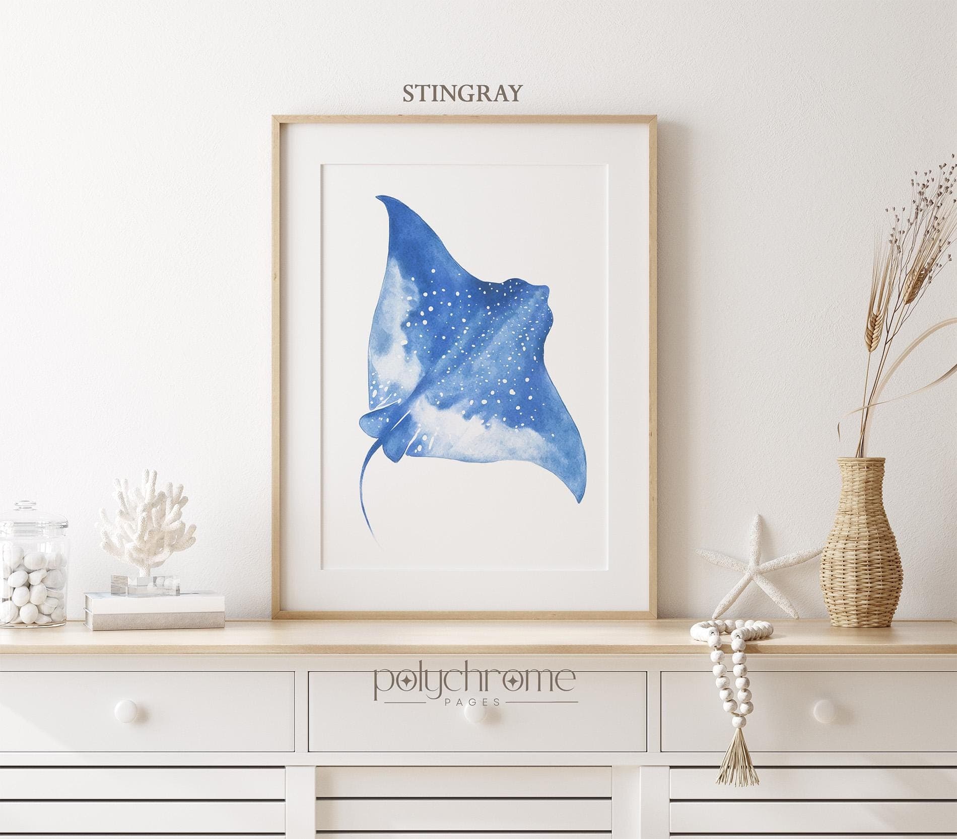 Stingray, Fish and Jellyfish Sea life in Ocean Blue, Vacation Rental Decor, Pool Watercolor Coastal Wall Art | Paper Prints 5x7 - 24x36in - image 3