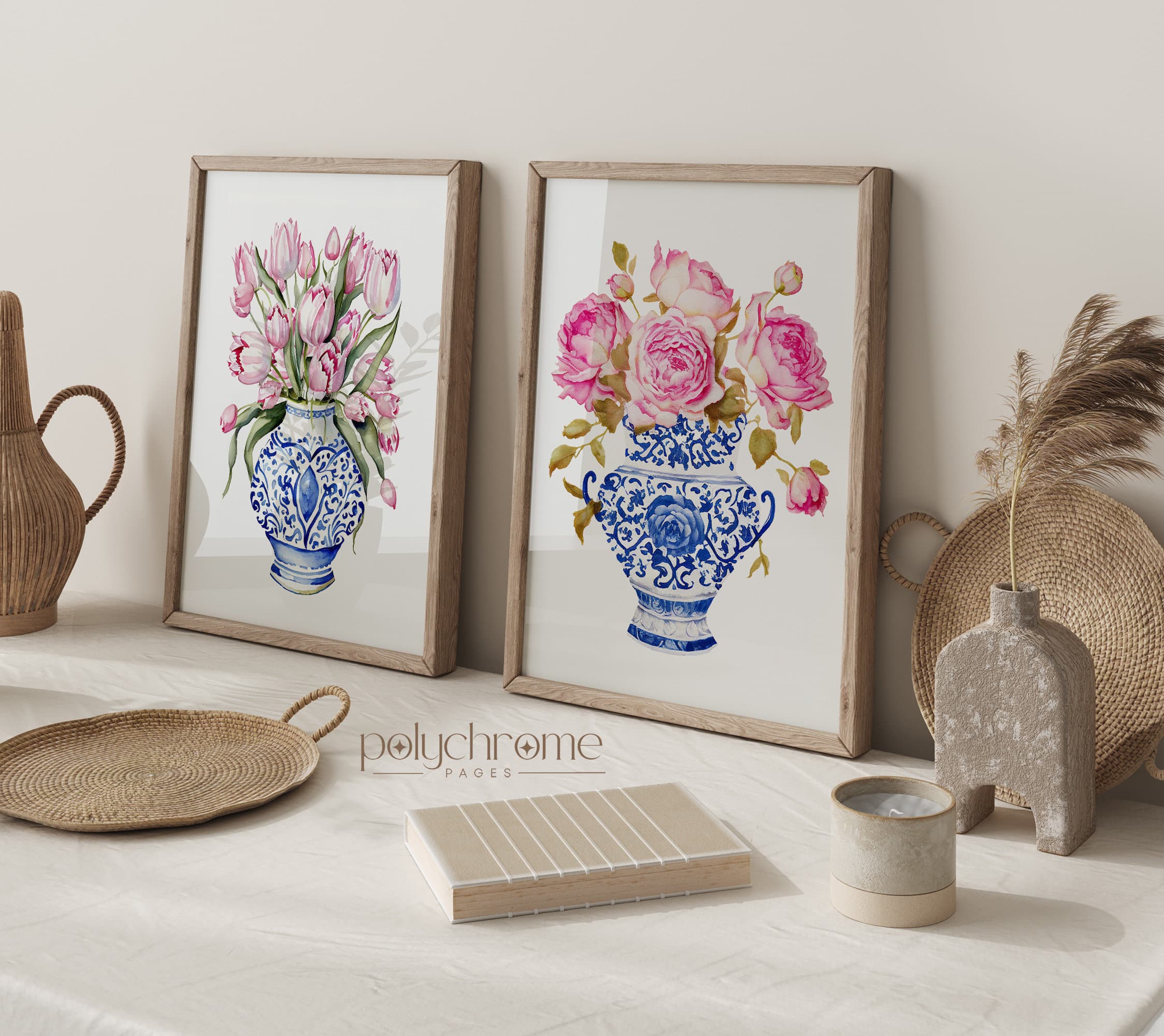 Roses and Tulips in Chinoiserie, Hamptons Style Pink Flower Bouquets in Blue and White China Wall Art | Paper prints 5x7 - 24x36 in
