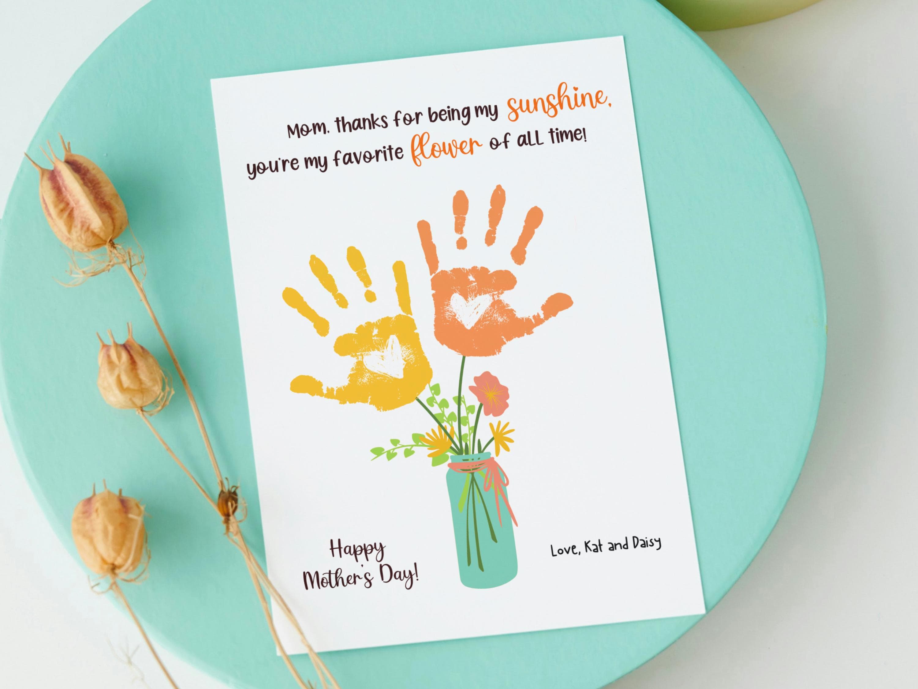 Mom Handprint Flower Craft for Kids Printable, Mothers Day DIY Bouquet Hand Art Activity Birthday Gift from Children Baby Toddler Wall Decor - image 2
