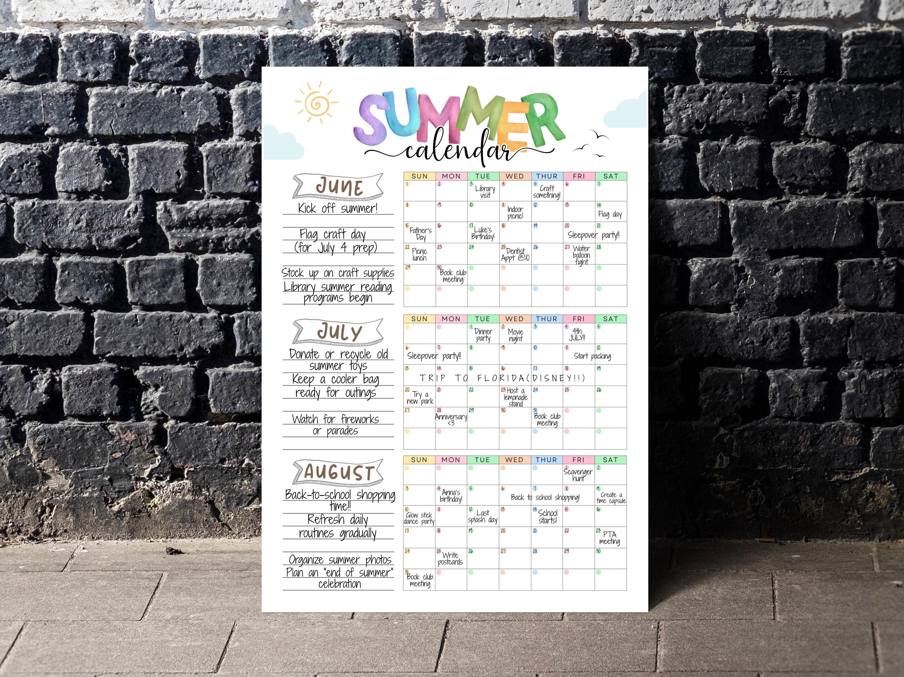 Summer Calendar Poster Printable, 2026 Summer Bucket List Activities Large Checklist Family Planner for Kids Fun Template Digital Download