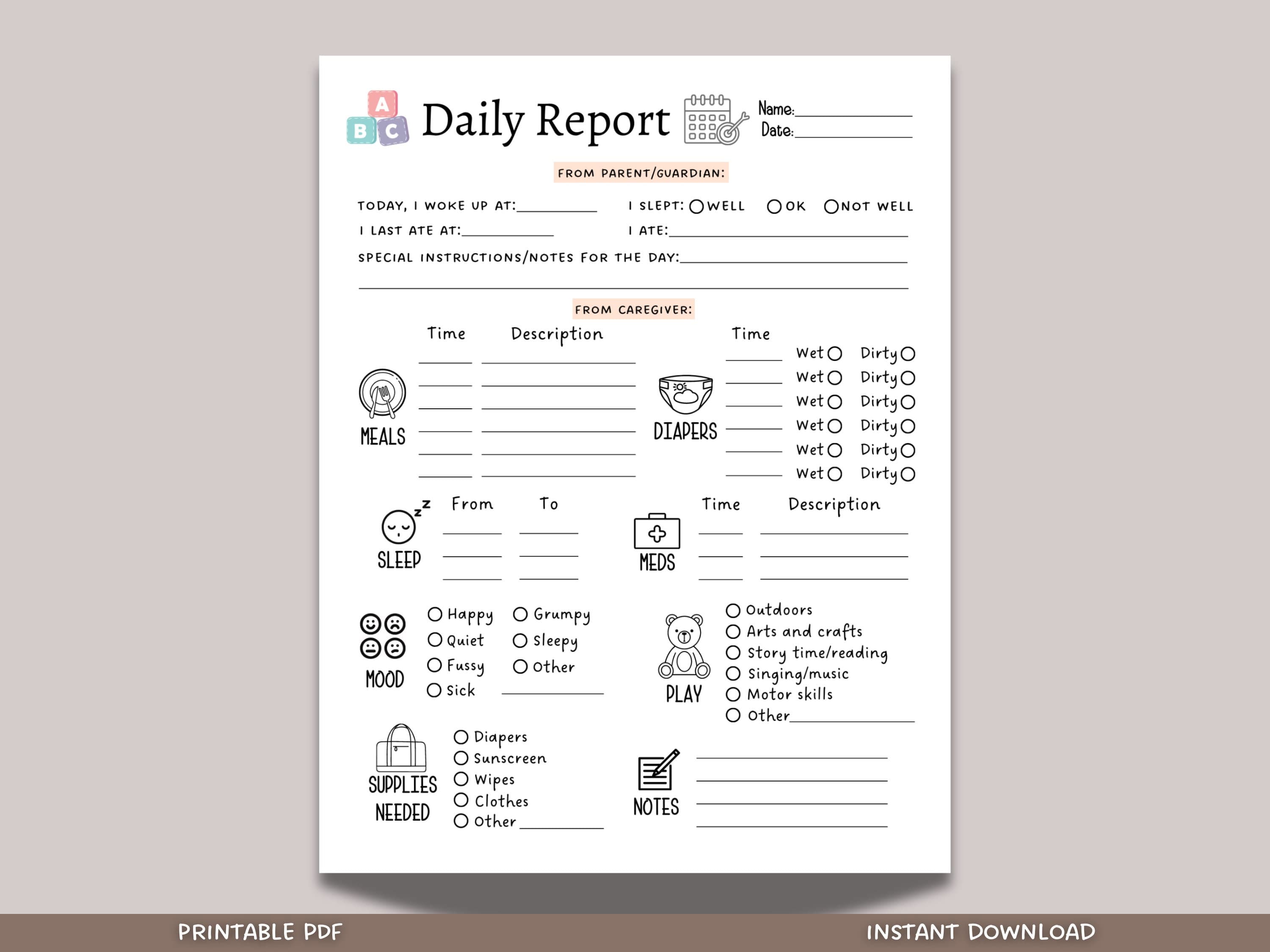 Daily Toddler Log Printable, Infant Toddler Daily Report, Nanny Log, Baby Schedule for Preschool/ Babysitter, Childcare Daycare Tracker Form