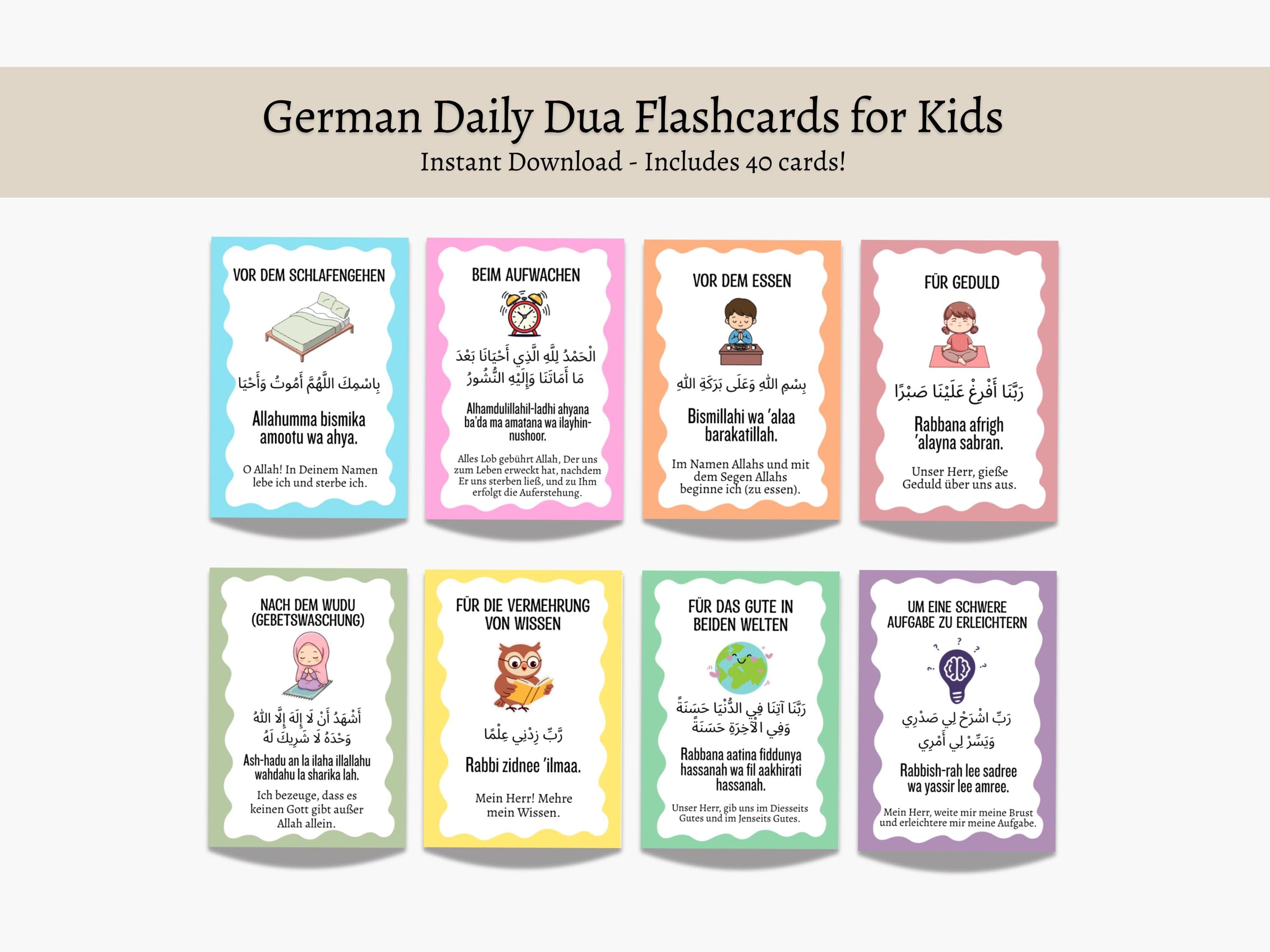 40 Dua Karten für Kinder PDF, Islamische Lernkarten Arabisch Deutsch Transliteration, Daily Duas Kids Printable Islamic Flashcards
