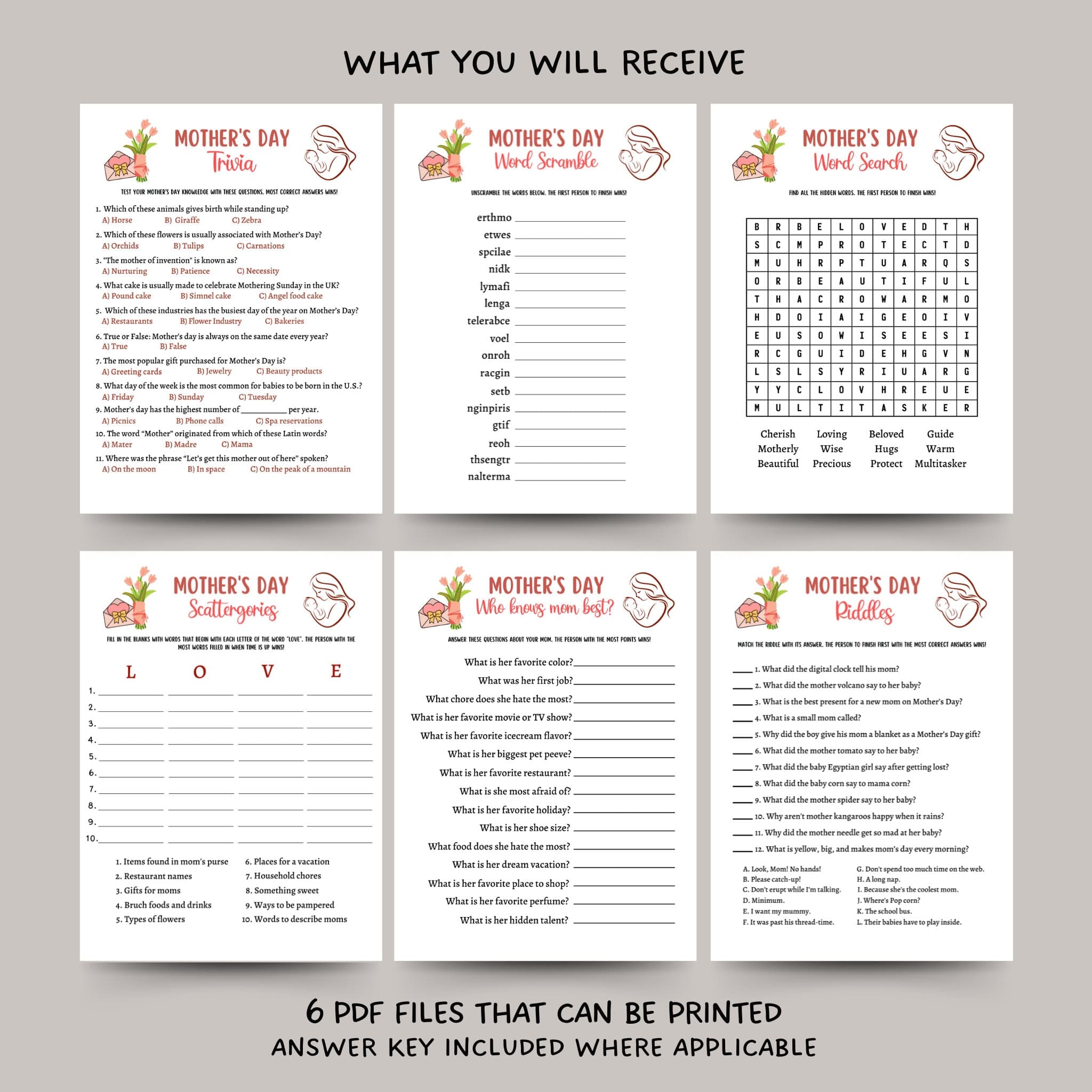 Mother's Day Games Bundle Printable, Mothers Day Game for Kids and Adults, Party Games, Family Games Night, Classroom Games, Mom Mama Trivia - image 3
