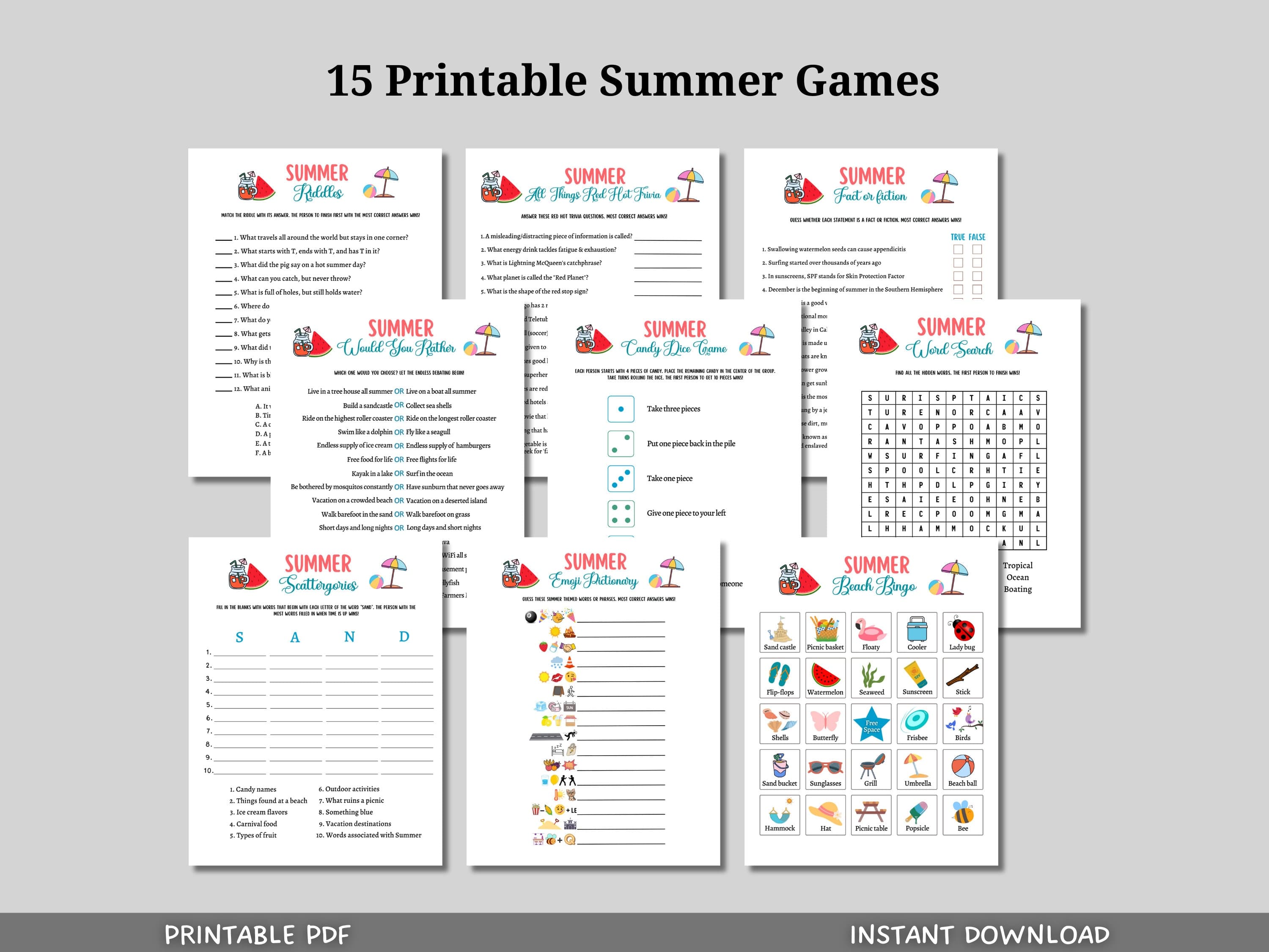 Summer Games Bundle Printable, Summer Camp Activity, Summertime Beach Party Games Adult and Kids, Fun Family Activity, Vacation Travel Games