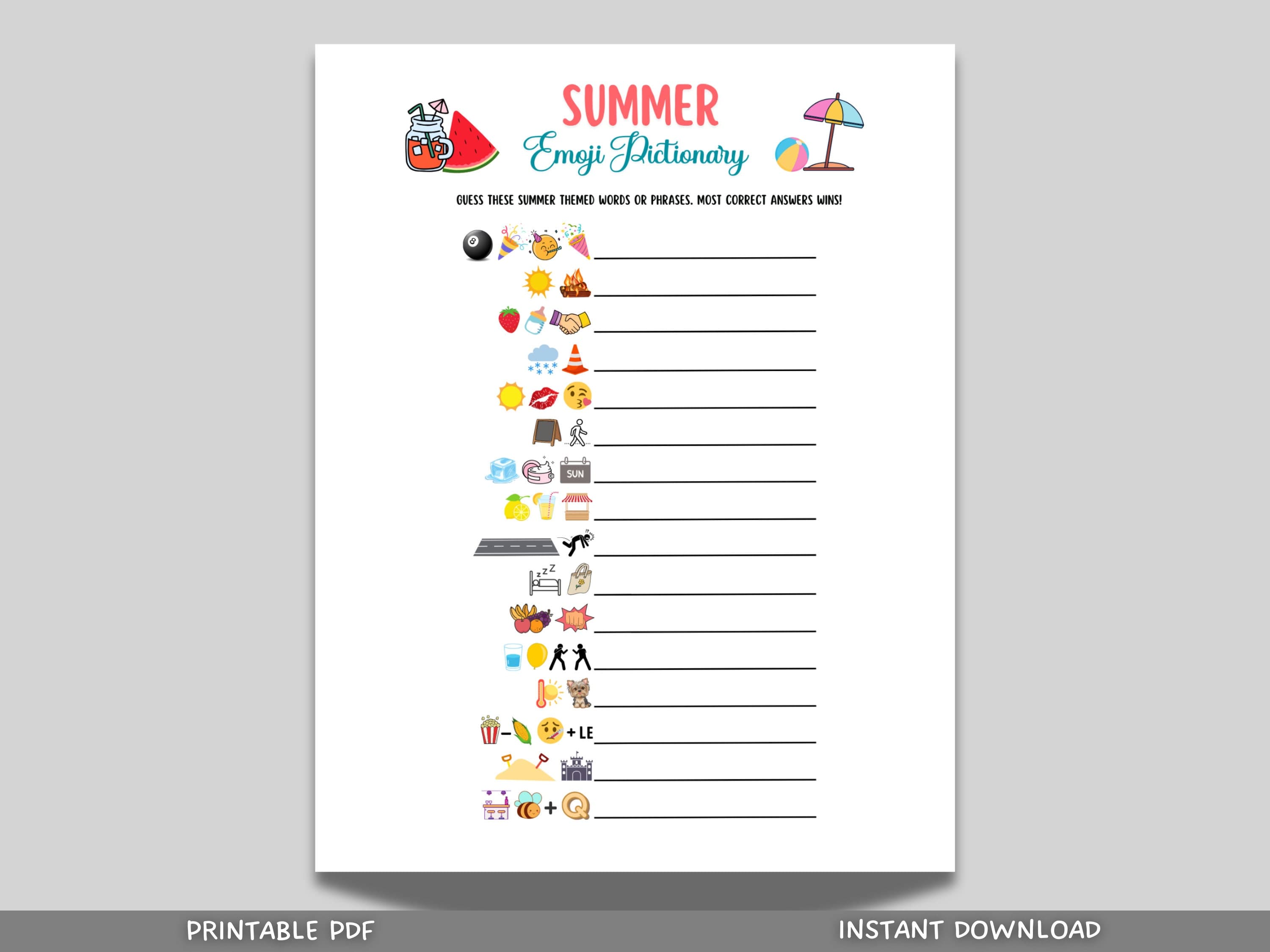 Summer Emoji Pictionary Game Printable, Summertime Activities for Adults & Kids, Fun Pool Party Games, Family Trivia Game, Emoji Quiz Game