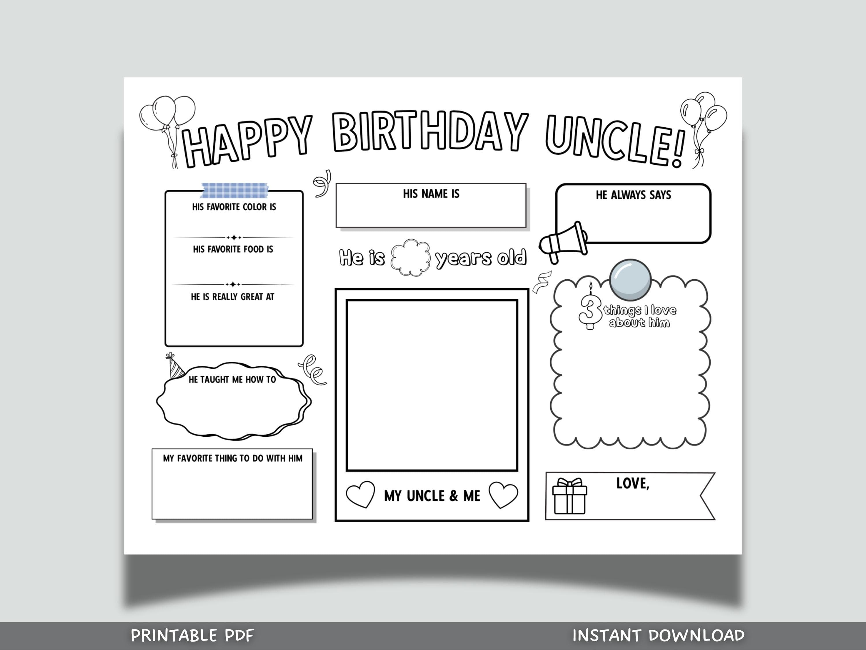 Happy Birthday Uncle Coloring Page Printable, DIY Personalized Gift from Kids Appreciation Card Activity Questionnaire Keepsake Cute Present