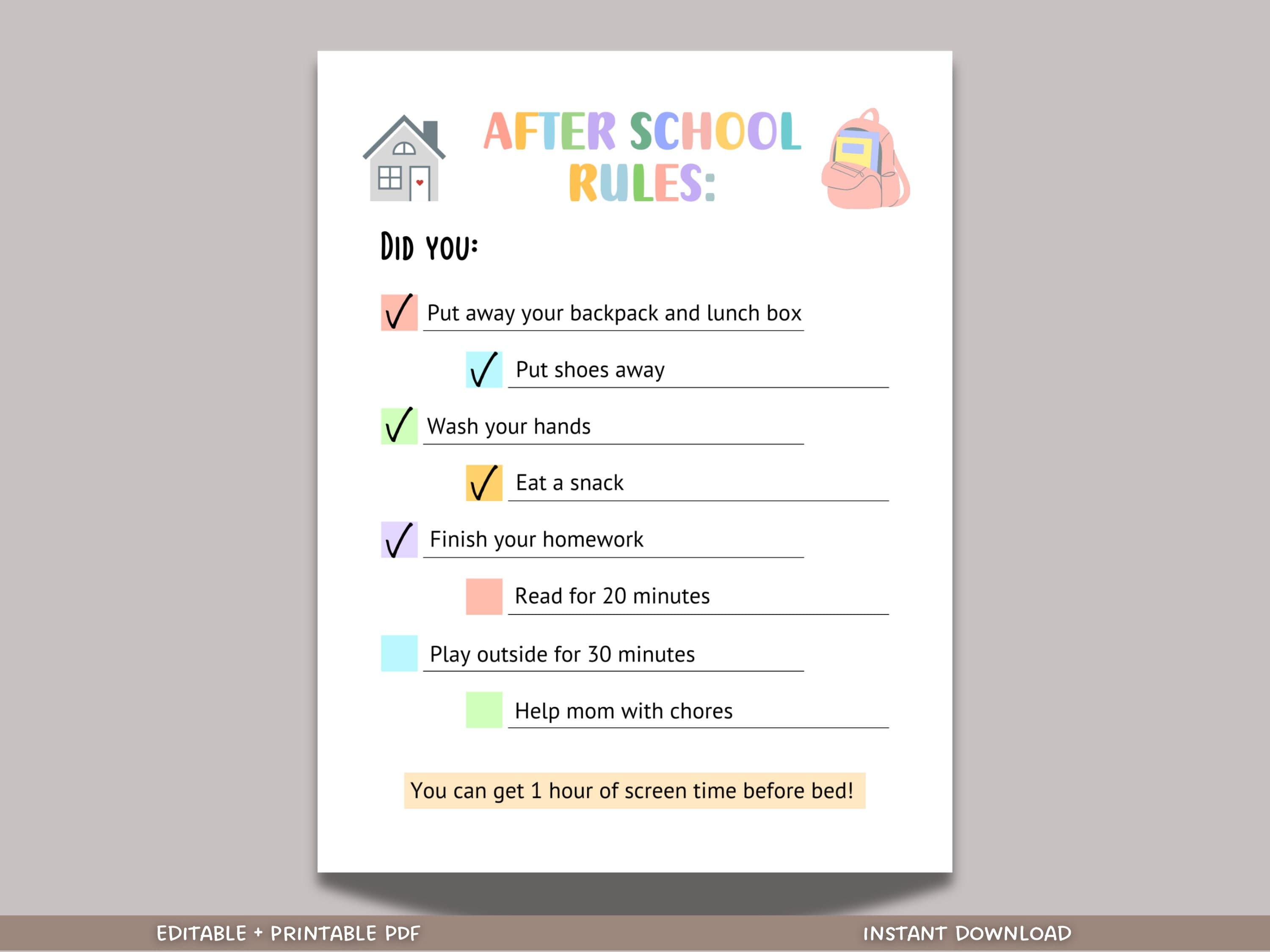 Editable After School Rules, Printable After School Checklist Reminders for Kids, After School Routine, Daily Checklist Kids, Chore Chart