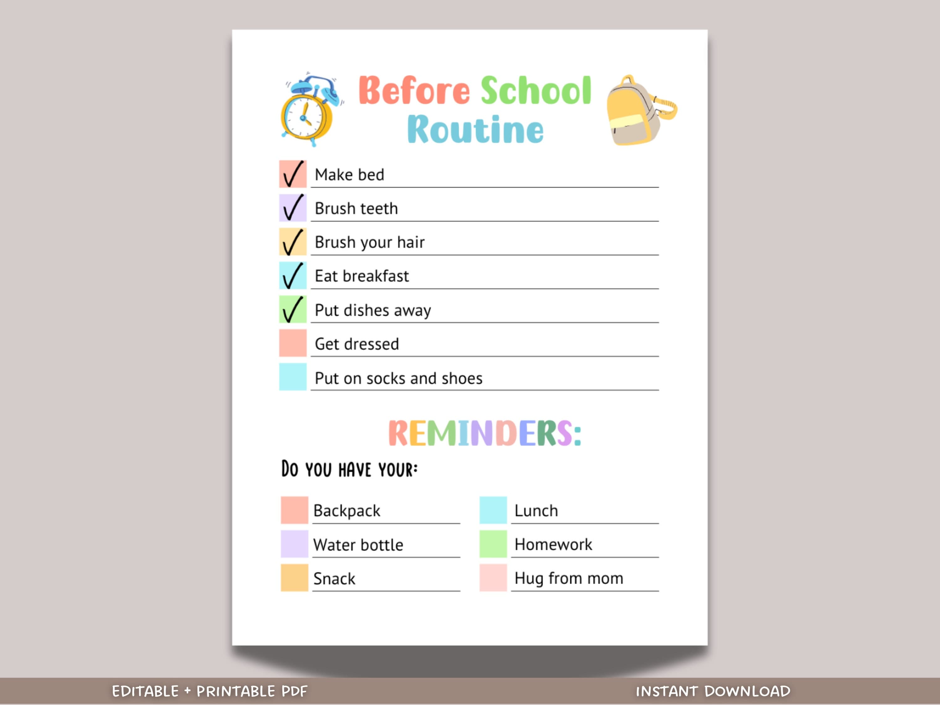 Printable Before School Checklist, Morning Reminders for Kids, Editable Morning Routine Chart, Preschool Kindergarten Elementary Reminders