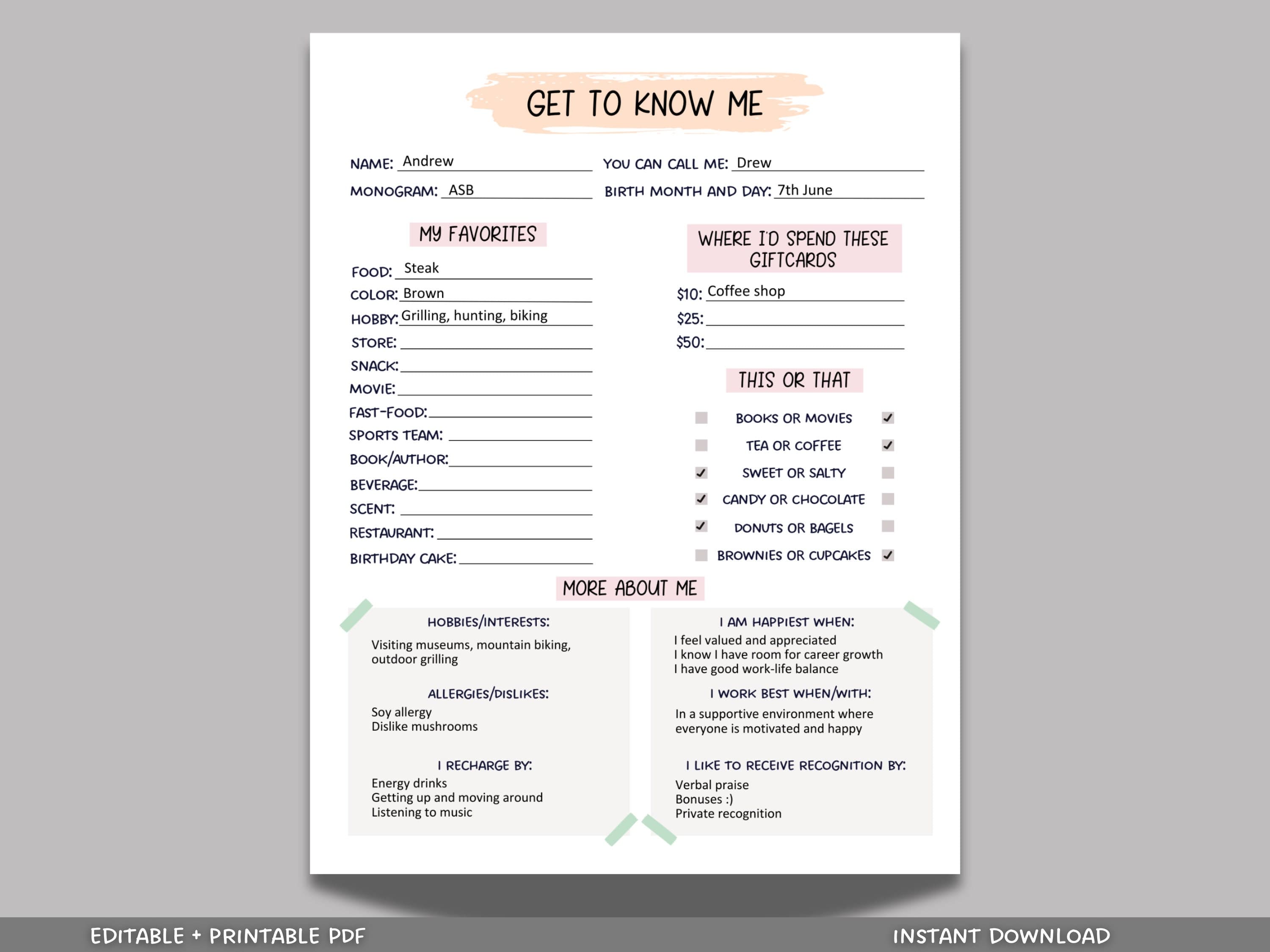Editable Coworker Questions, Printable All About Me Employee Questionnaire, Employee Appreciation, Gift Exchange Team Survey Favorites List