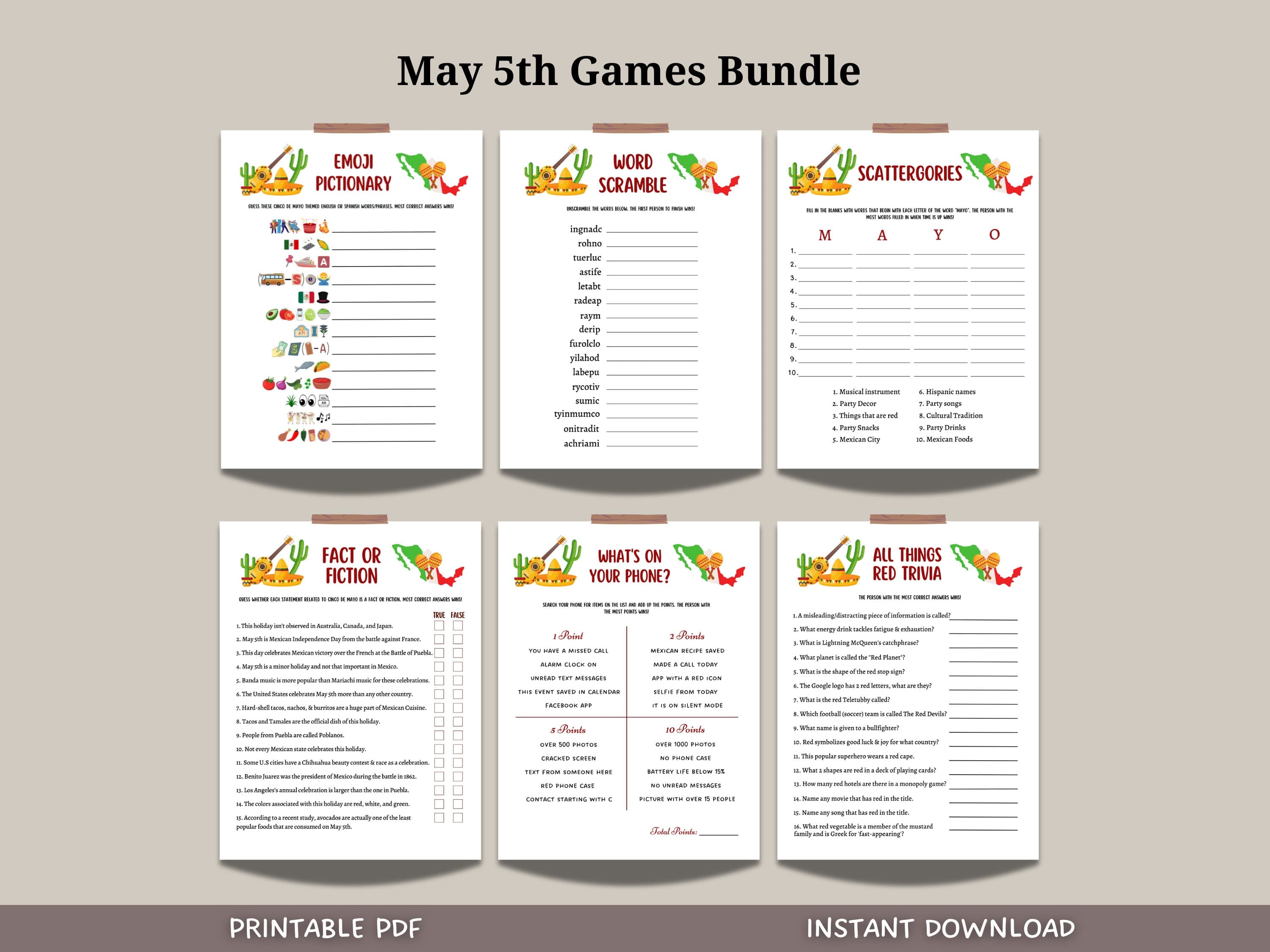 Cinco De Mayo Party Games Printable, Mexican Fiesta Games For Adults And Kids, Fun Family Group Games, Classroom Activity Game, Office Party