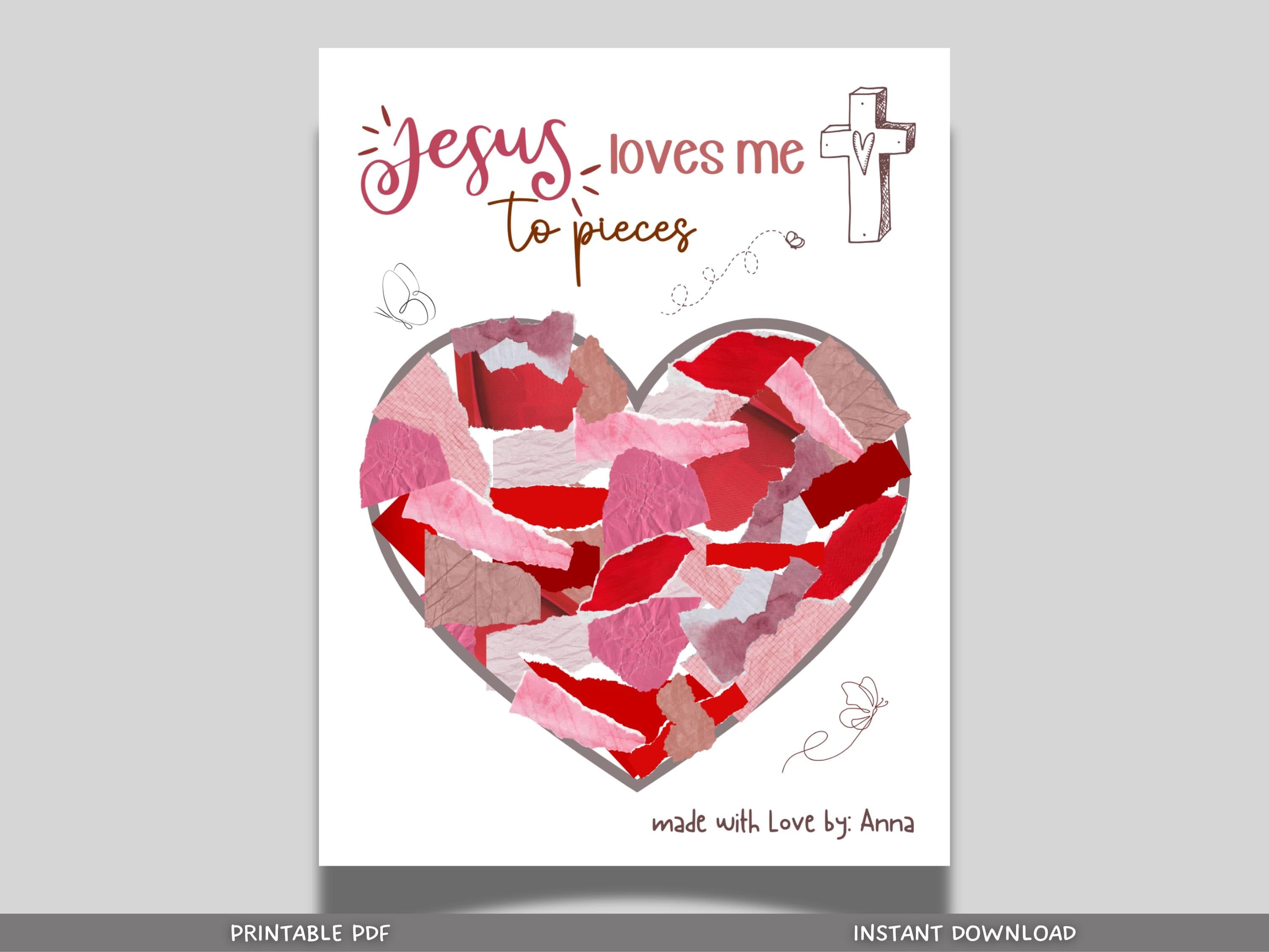 Jesus Loves Me to Pieces Christian Craft Printable, Valentine’s Day Art for Sunday School, Baby Toddler Child Nursery DIY Activity Preschool