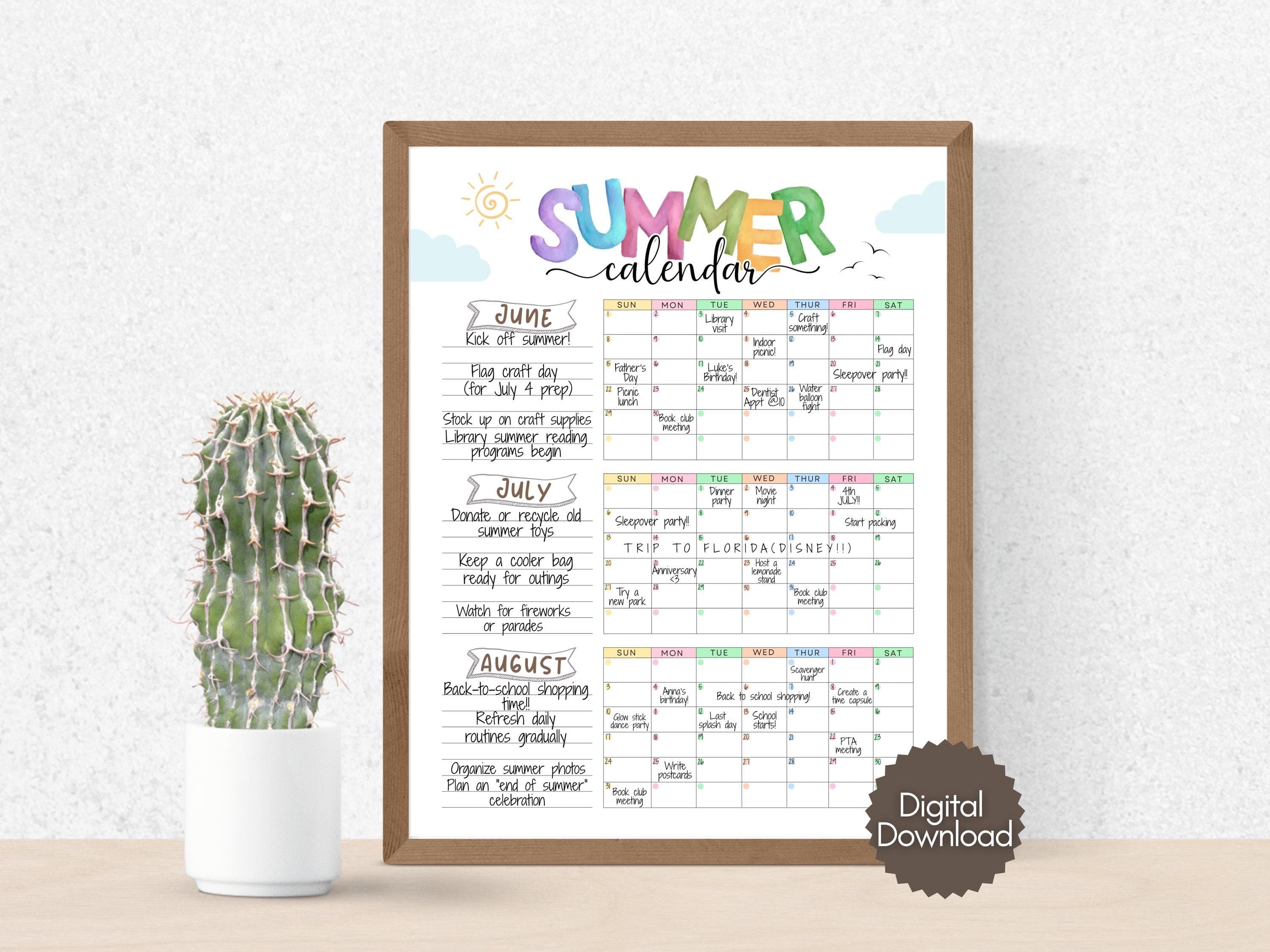 Summer Calendar Poster Printable, 2026 Summer Bucket List Activities Large Checklist Family Planner for Kids Fun Template Digital Download - image 4
