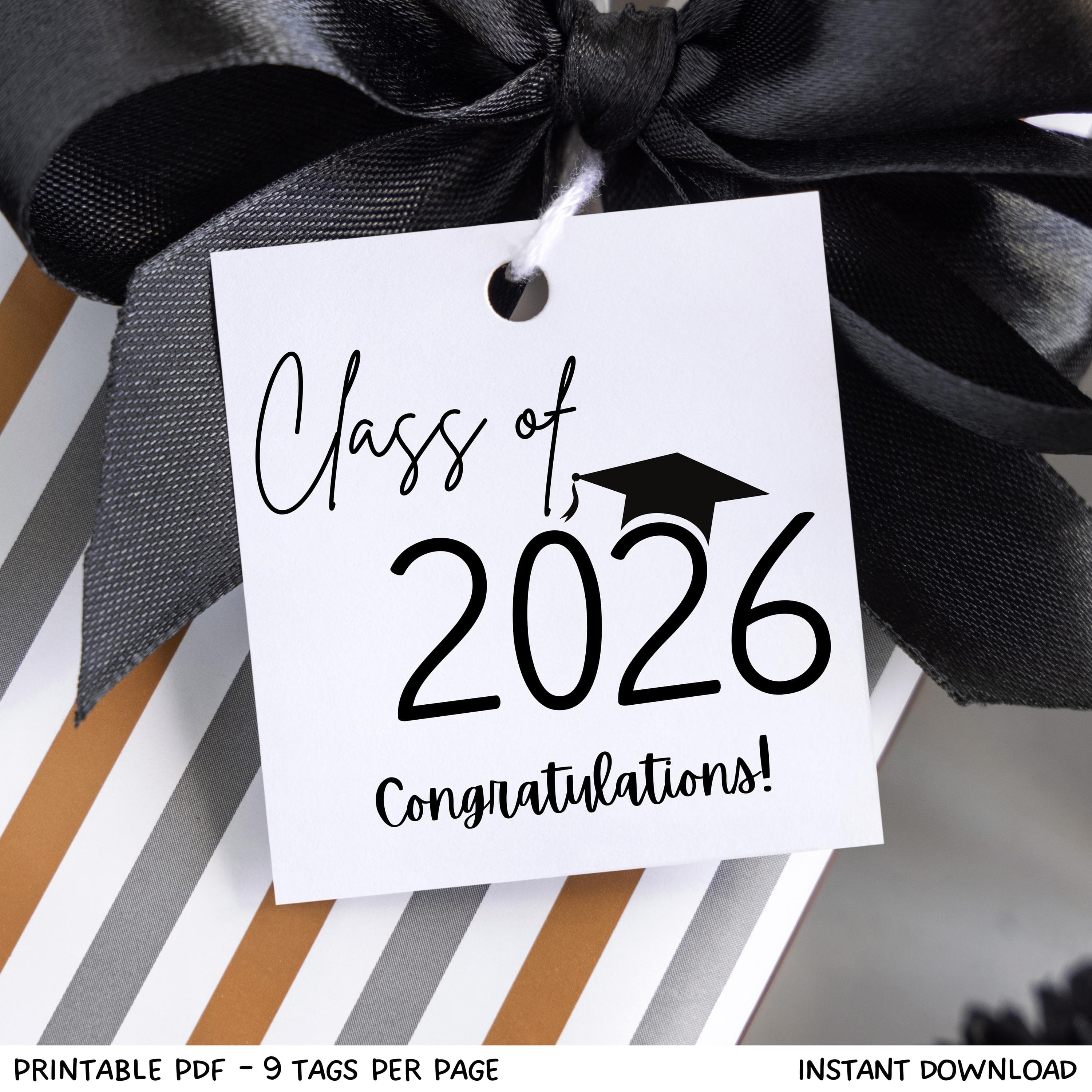 Class of 2026 Graduation Gift Tags Minimalist Printable, Simple Congrats Senior Grad Square Cookie Favor Hang Tag