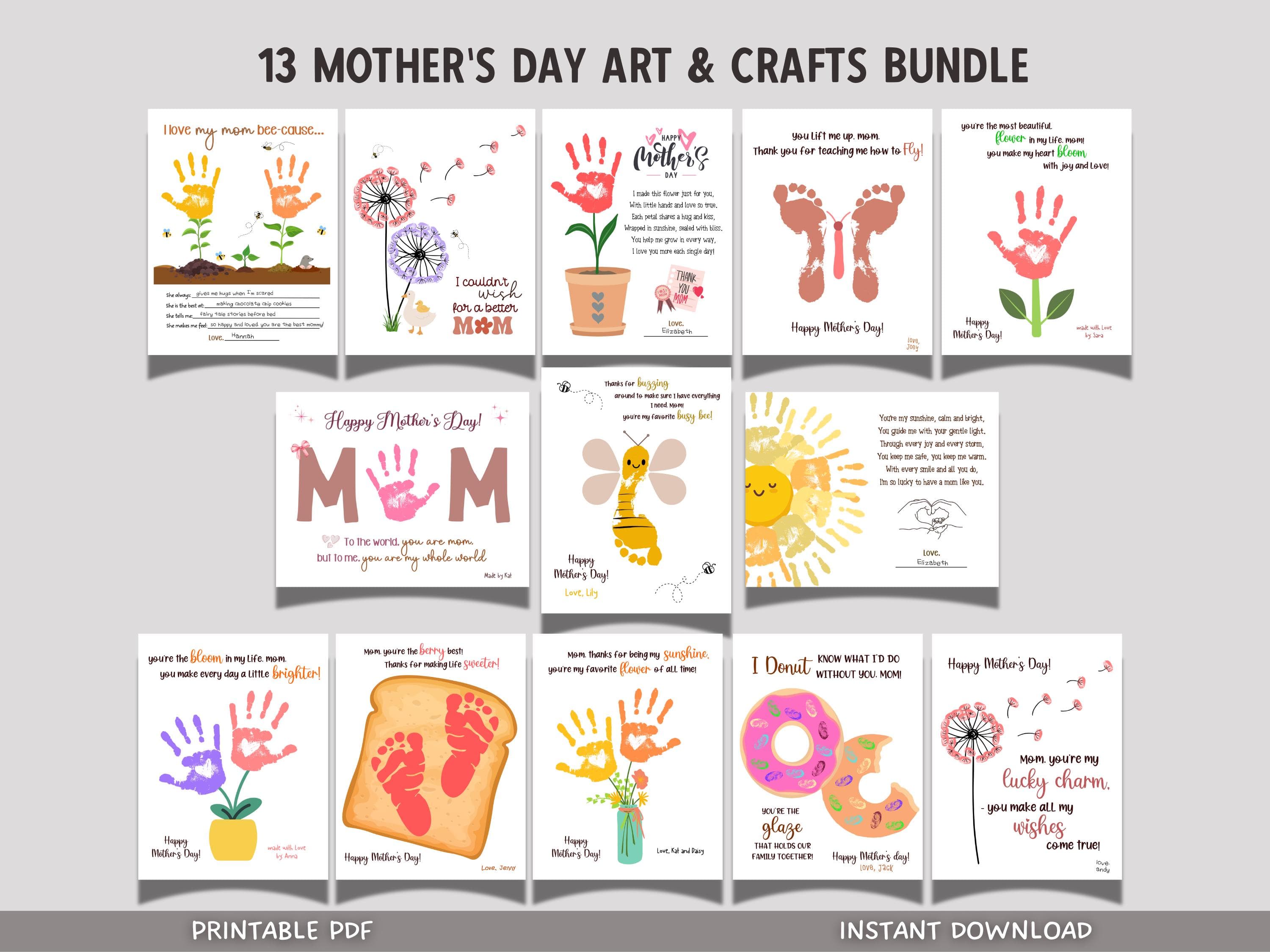 Mom Crafts for Kids Printable, Mothers Day DIY Handprint Footprint Wall Art Activity Birthday Gift from Children Baby Toddler Kindergarten