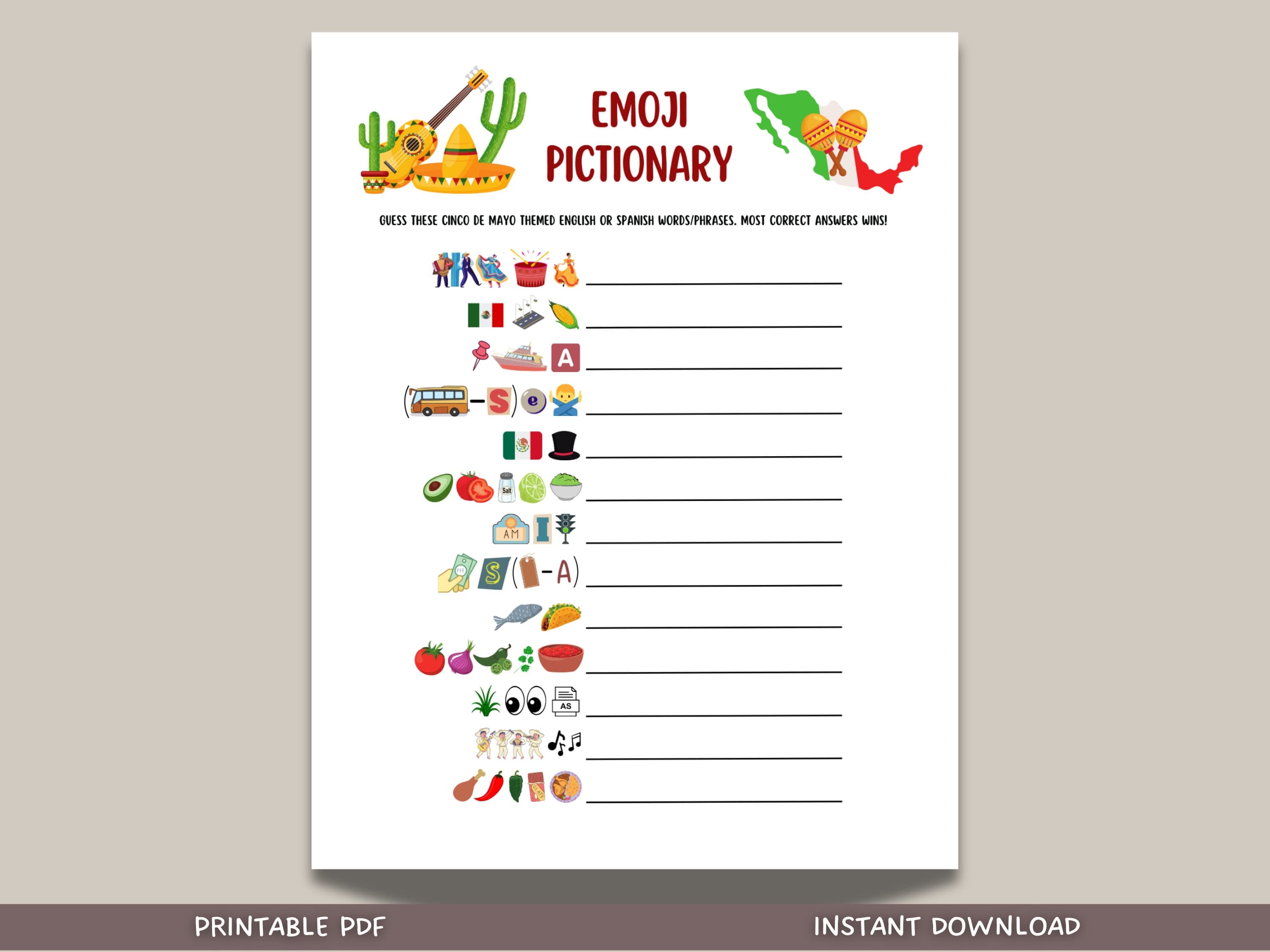 Cinco de Mayo Emoji Pictionary Game Printable, Fun Mexican Party Game Adults & Kids, Work Office Party, Family Fiesta Game, Classroom Game