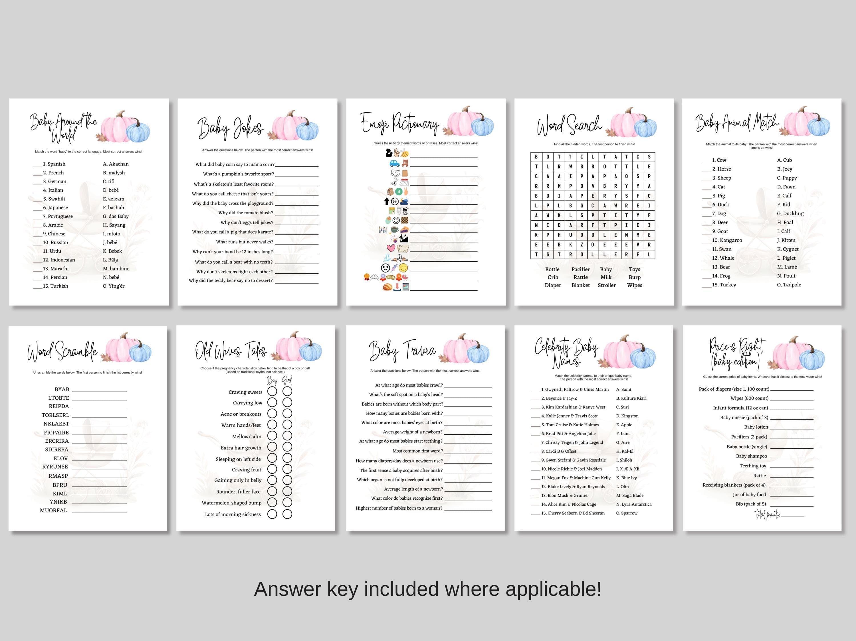 Pumpkin Baby Shower Games Printable Bundle, Fall Autumn Themed Party Activity, Fun Decor Ideas Cute Activities for Adults Friends Family - image 3