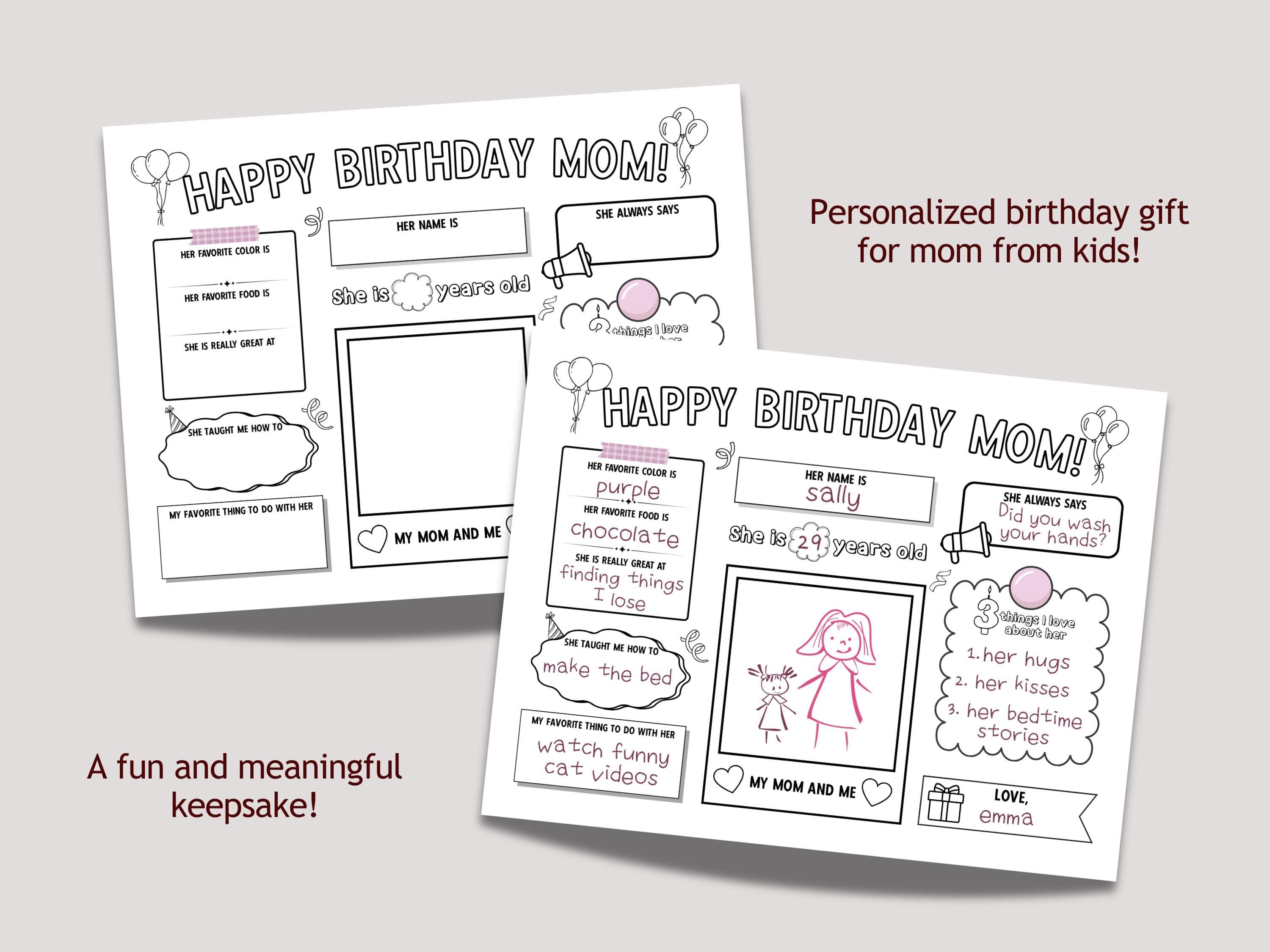 Happy Birthday Mom Coloring Page Printable DIY Personalized Gift from Kids All About Mommy Card Placemat Activity Sheet Mother Questionnaire - image 3