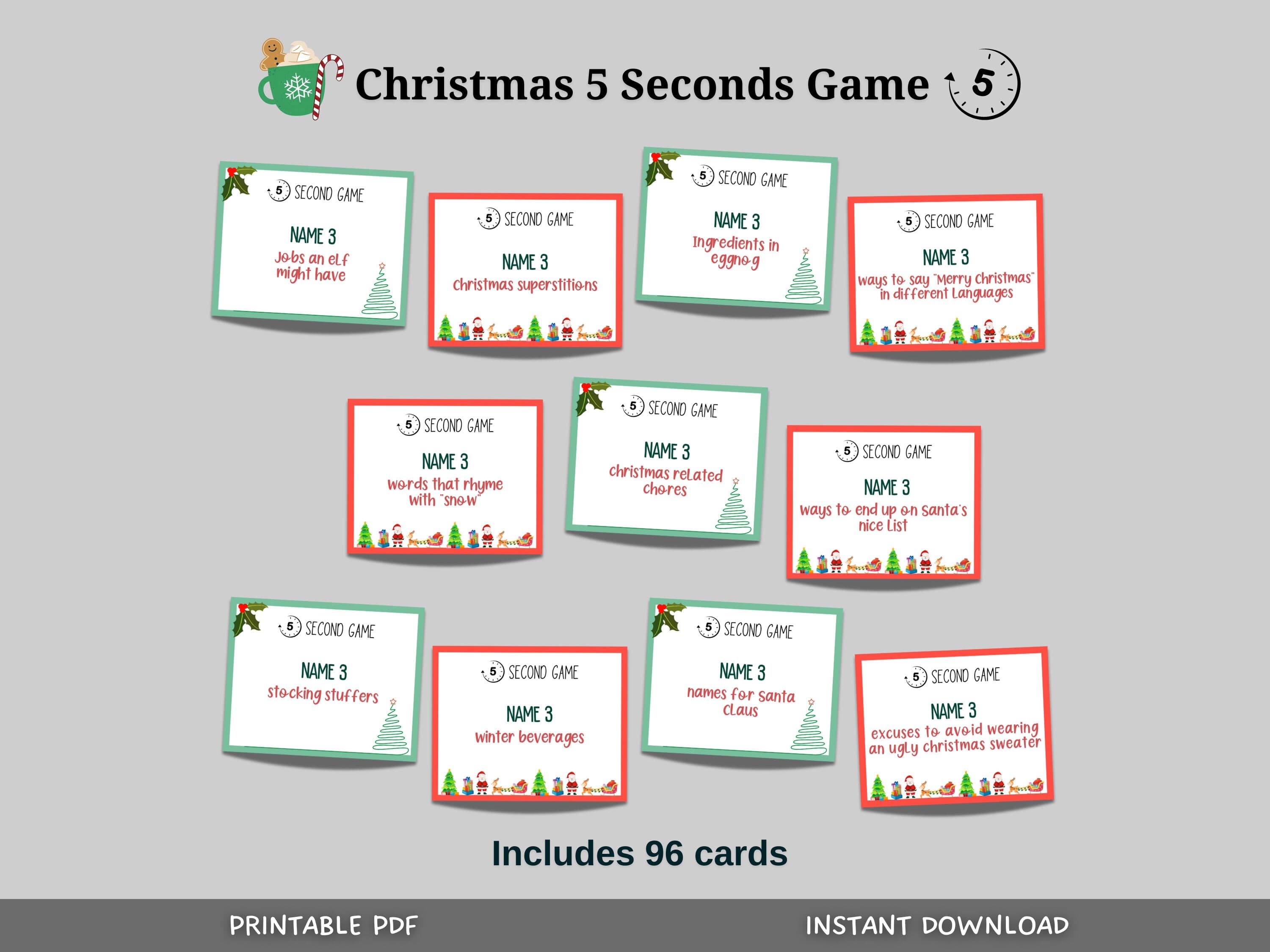Christmas 5 Second Game Printable, Christmas Party Game Adults Kids, Friends Family Xmas Trivia, Holiday Office Activity Classroom Game Idea
