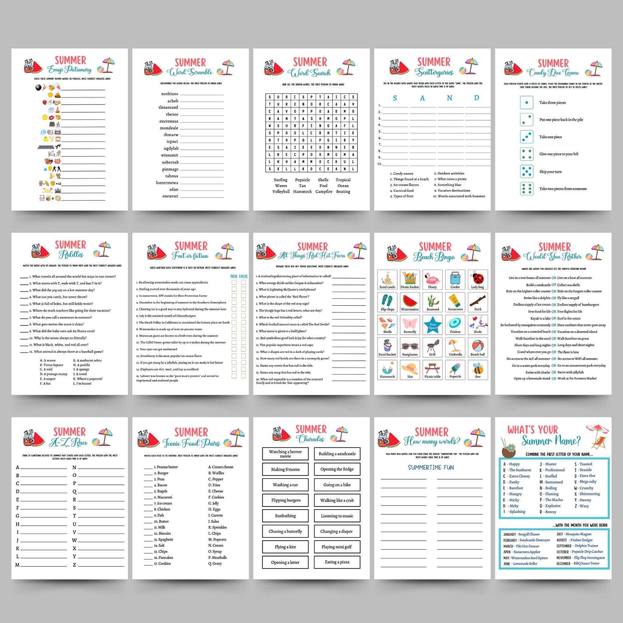 Summer Games Bundle Printable, Summer Camp Activity, Summertime Beach Party Games Adult and Kids, Fun Family Activity, Vacation Travel Games - image 3