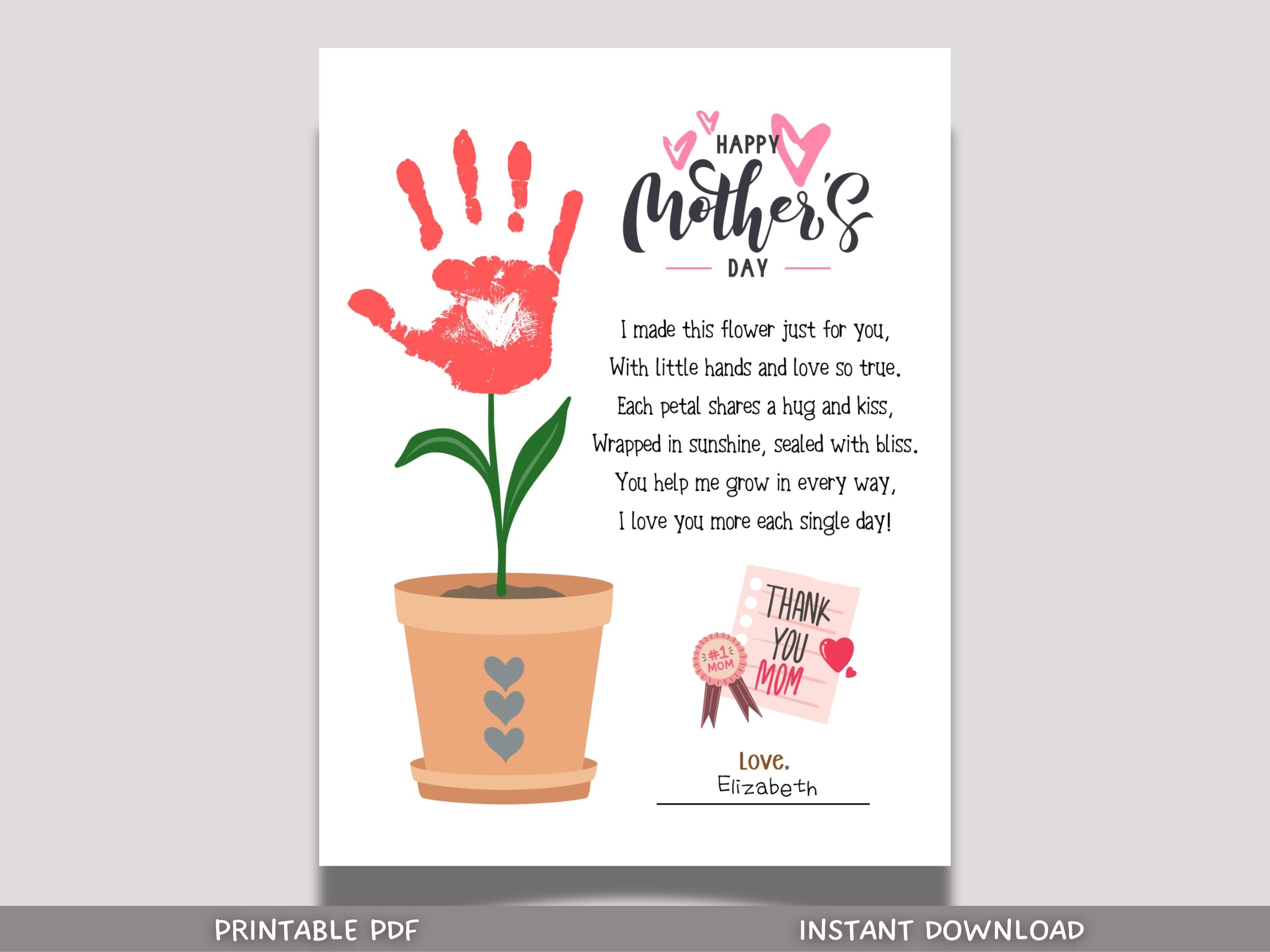 Mothers Day Handprint Poem Craft for Kids Printable, DIY Card Art Keepsake Personalized Birthday Gift for Mom Preschool Kindergarten Pre-K