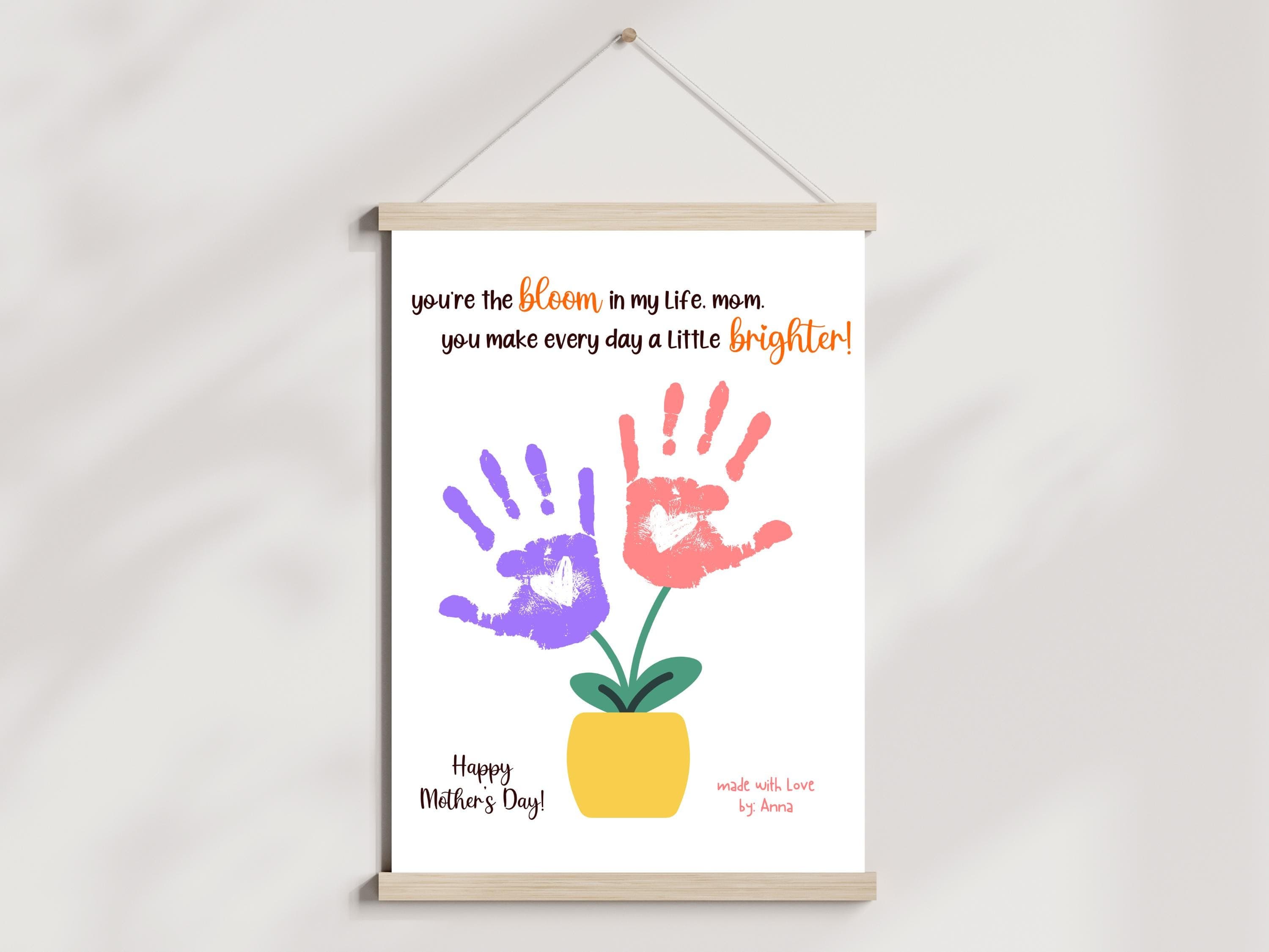 Mom Handprint Craft for Kids Printable, Mothers Day DIY Flowers Hand Art Activity Birthday Gift from Children Baby Toddler Hand Wall Decor