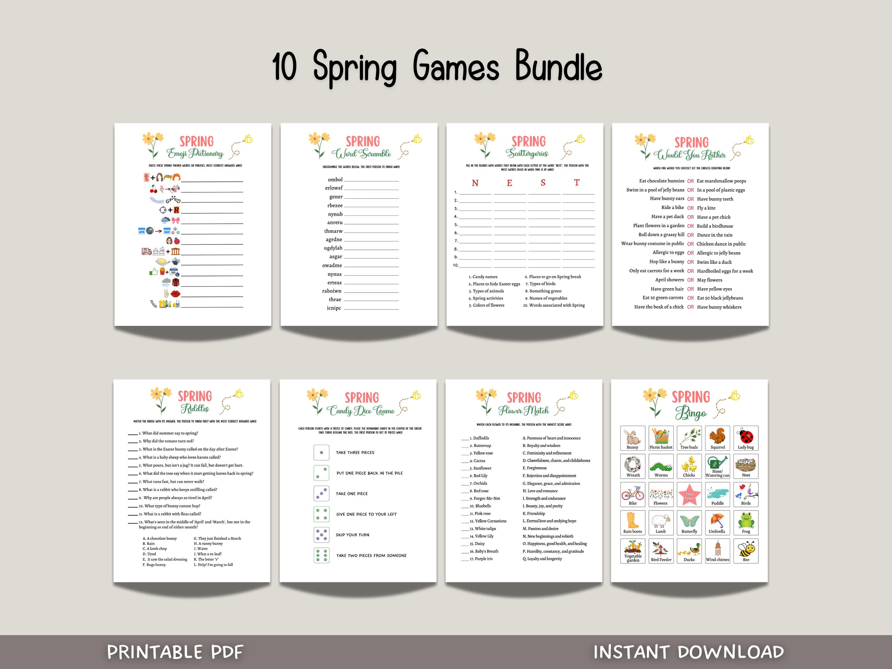 Spring Games Bundle Printable, Spring Party Games, Spring Activities Adults & Kids, Springtime Trivia, Fun Family Group Game, Classroom Game