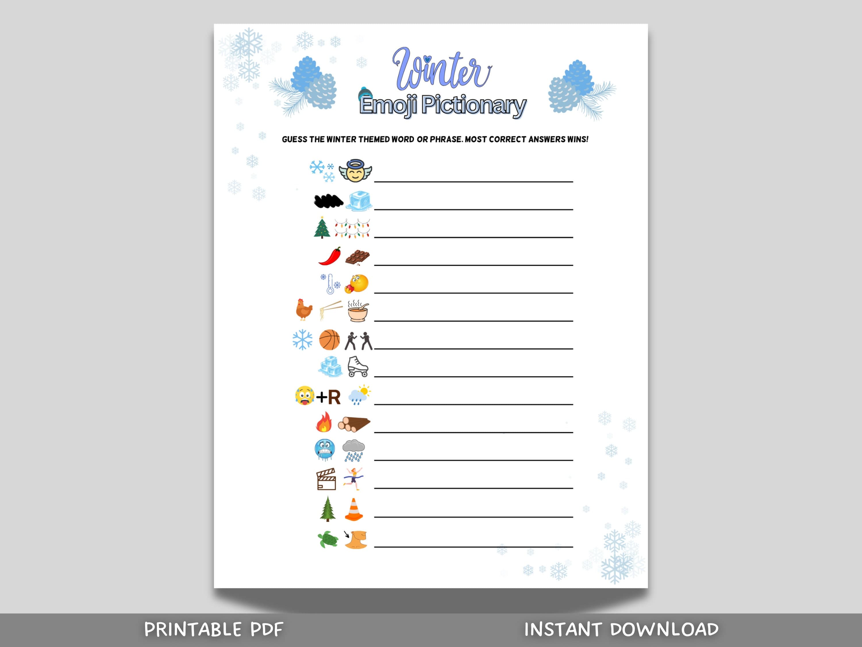 Winter Emoji Pictionary Game Printable, Holiday Party Games, Fun Winter Game, Winter Family Activity, For Kids & Adults, Christmas New Years